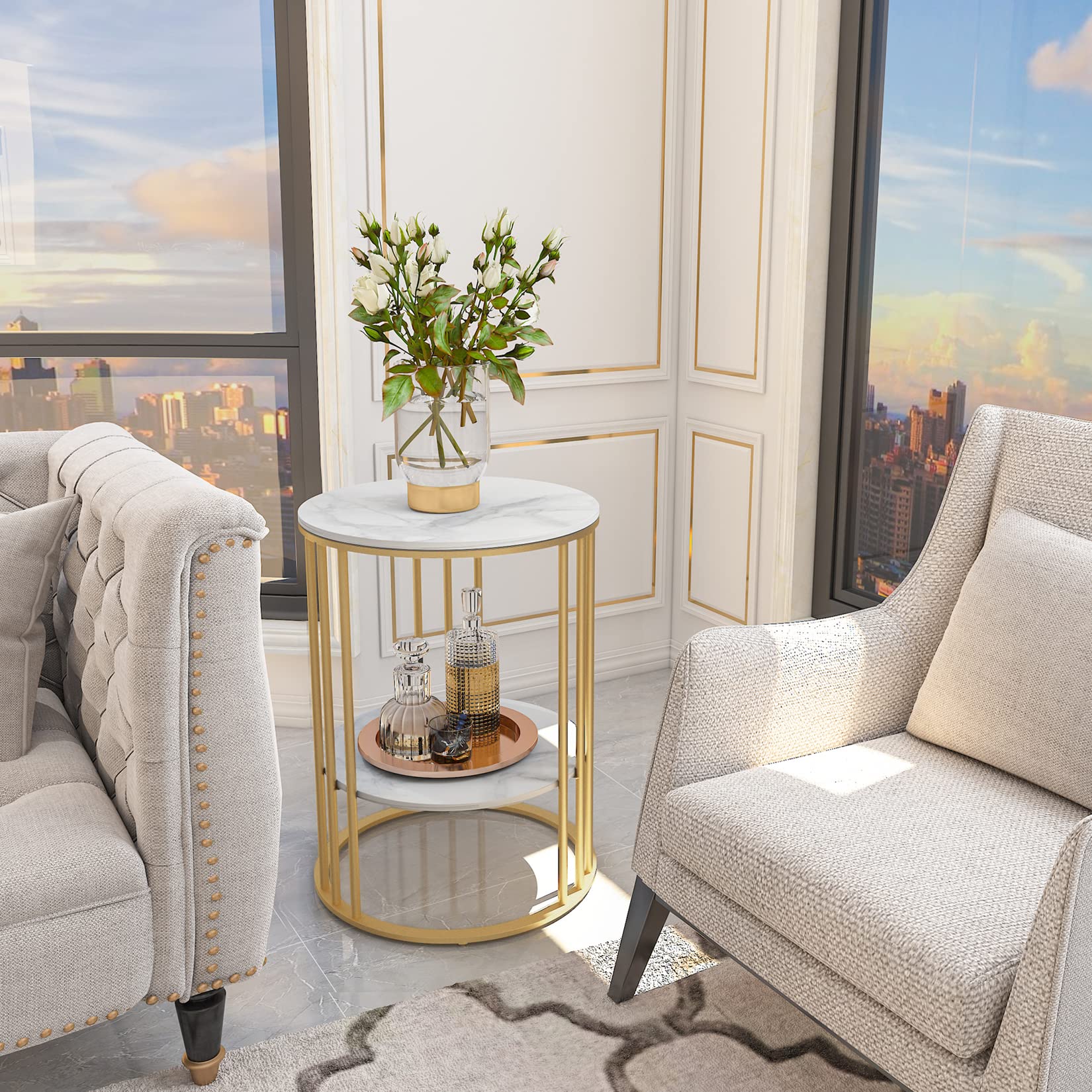 Wisfor Sintered Stone End Table - 2 Tier Round White Side Table with Golden Frame - Modern Small Coffee Table & Nightstand for Living Room, Bedroom - Perfect for Holding Drinks, Books & Decor