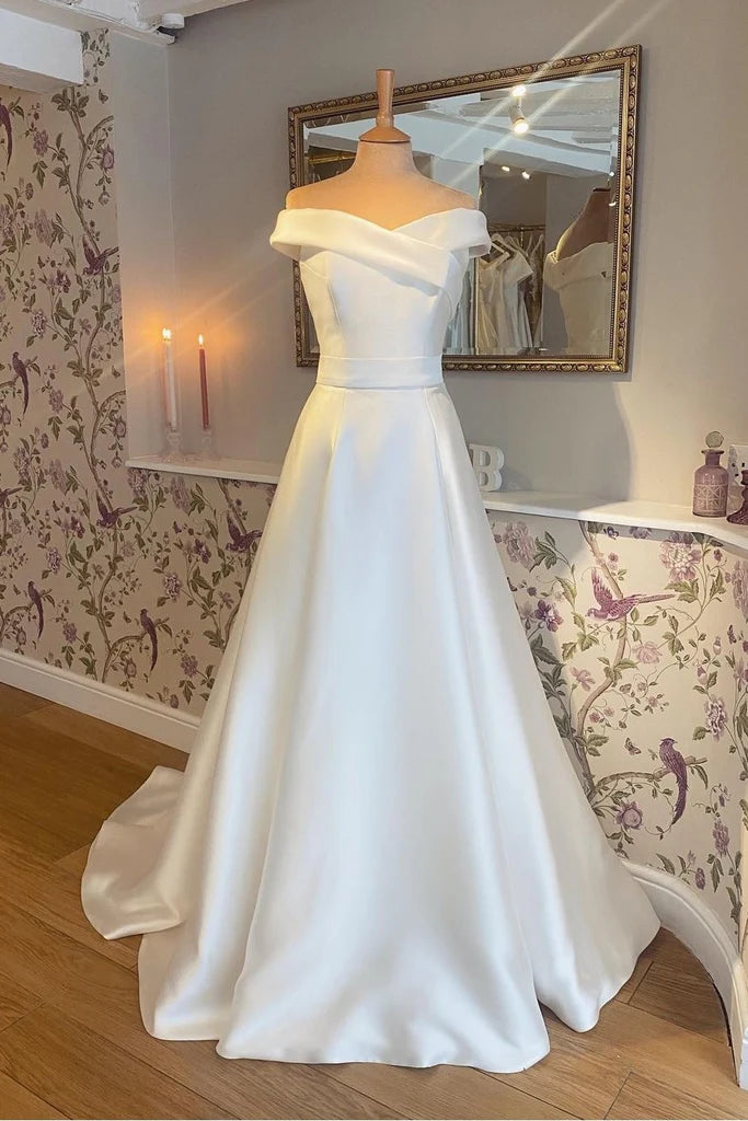 Elegant A-Line Soft Satin Minimalist White Wedding Dress | Off-the-Shoulder Bridal Gown for UK Brides | Perfect for Church Ceremonies, Beach Weddings & Romantic Vows