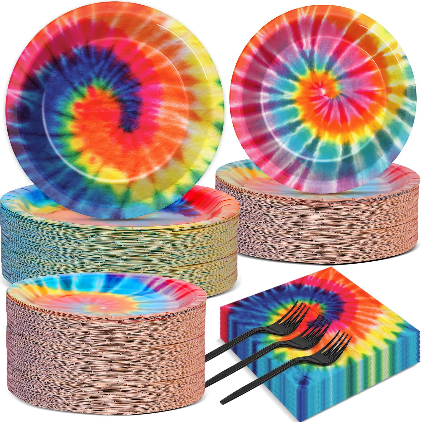 50-Piece Tie Dye Disposable Plates & Napkins Set - Colorful Party Tableware for Kids Birthday, Baby Shower, Graduation Decorations - 200PCS Vibrant Dinnerware for Festive Celebrations & Outdoor Picnics