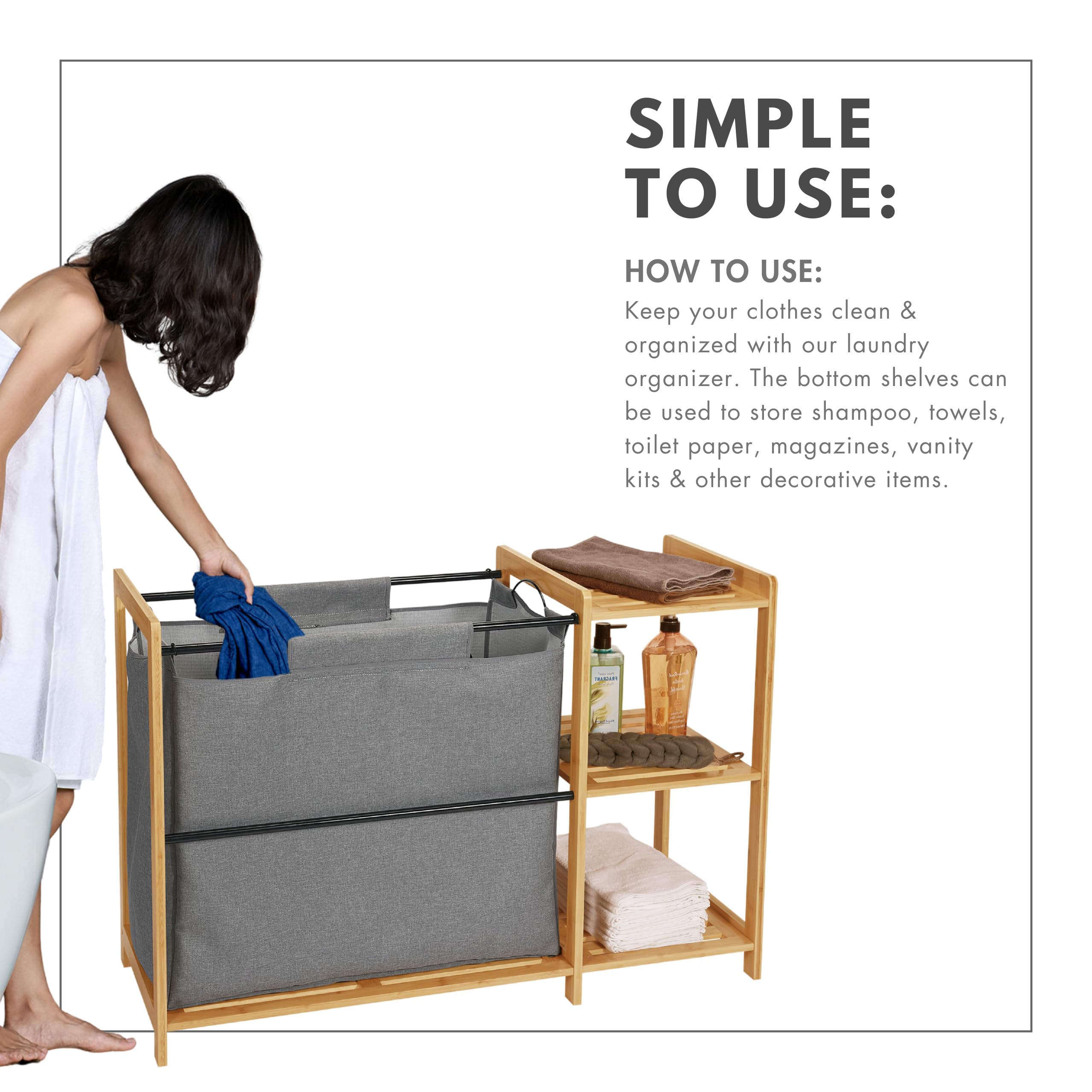 Bamboo Laundry Hamper with Shelves - Freestanding Laundry Basket Organizer with Removable Bags - Natural Wood Storage Cabinet for Bedroom, Bathroom & Laundry Room - Perfect for Clothes Sorting and Home Organization