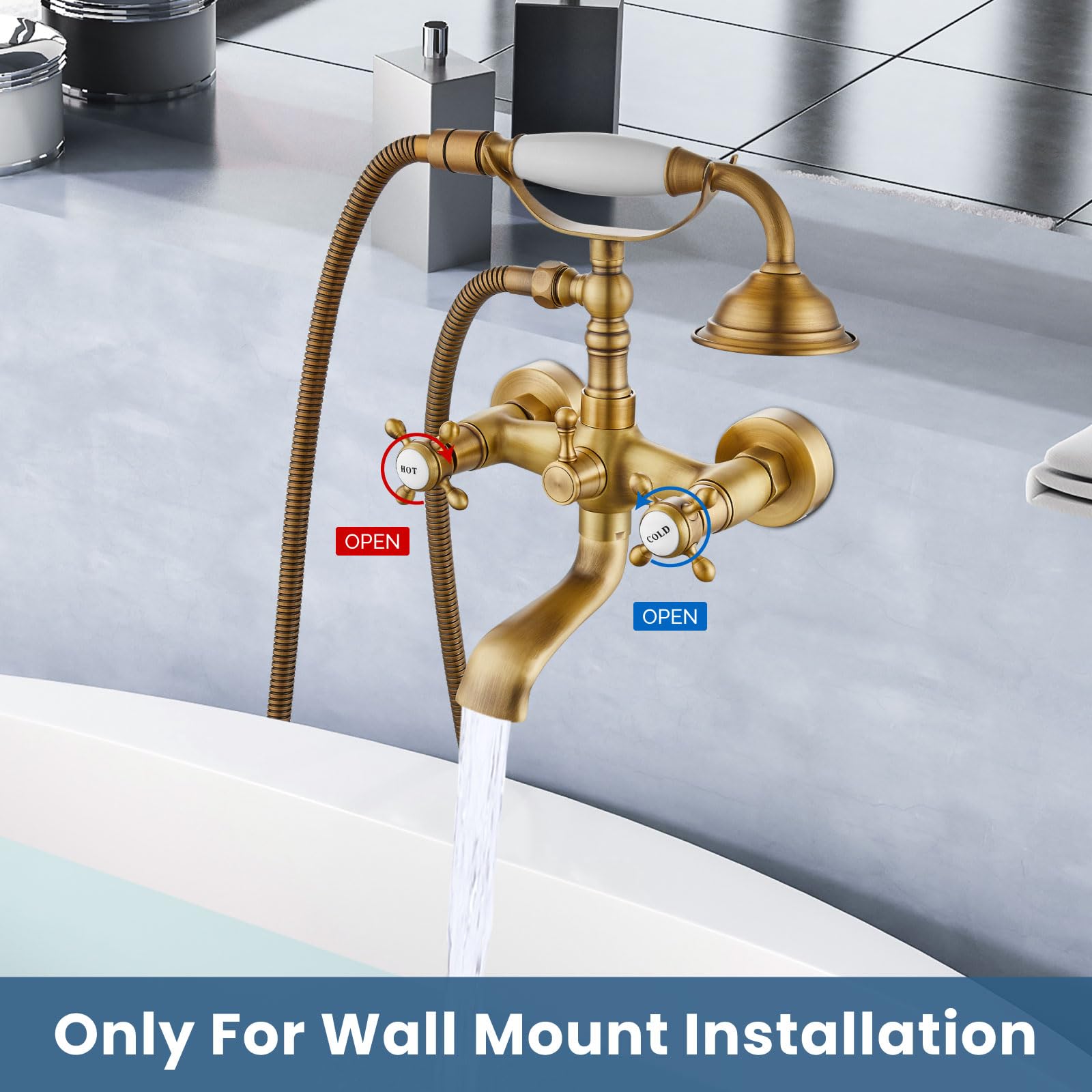 Antique Brass Wall Mount Bathtub Faucet with Handheld Shower Sprayer - Vintage Style Double Cross Handle Hot/Cold Water Mixer Tap - Perfect for Classic Bathroom Renovations & Spa-Like Showers