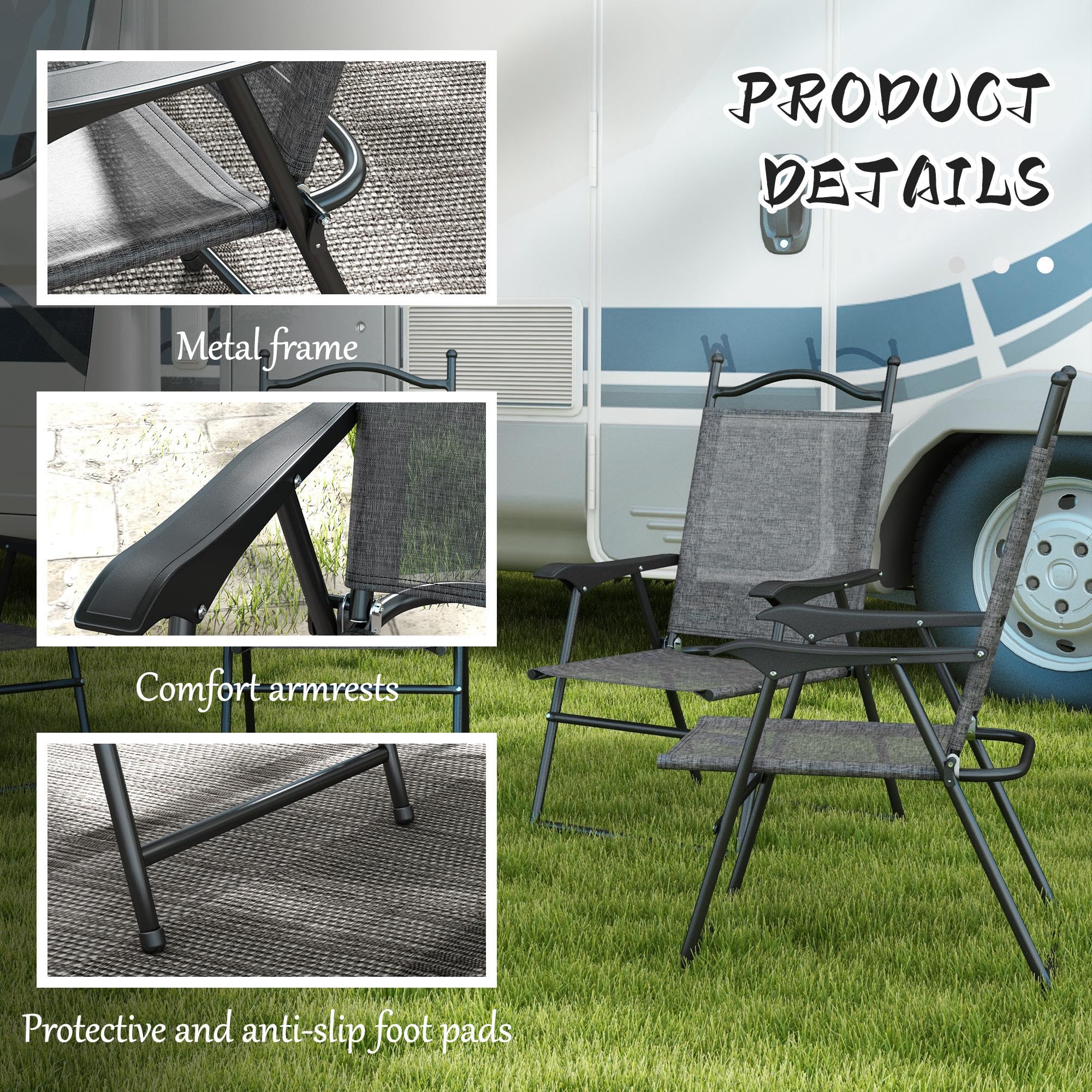 Outsunny 4-Pack Folding Patio Chairs with Armrests - Breathable Mesh Camping Chairs for Adults, Outdoor Lawn, Beach, Picnic & Sports Events - Gray Portable Lounge Chairs