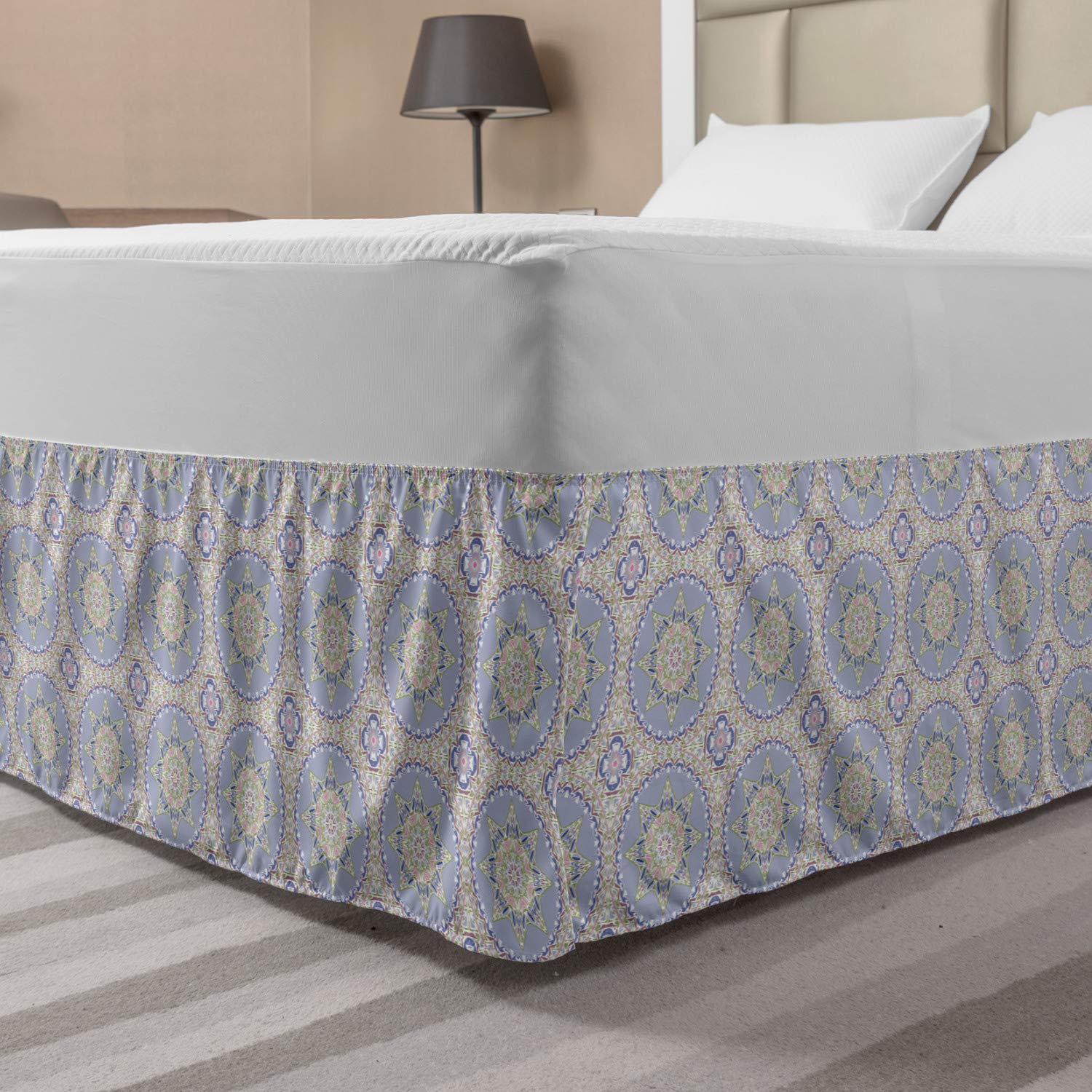 Ambesonne Oriental Elastic Bed Skirt - King Size Wrap Around Dust Ruffle with Flourishing Motifs in Ceil Blue & Pale Green | Perfect for Bedroom Decor & Guest Room Styling