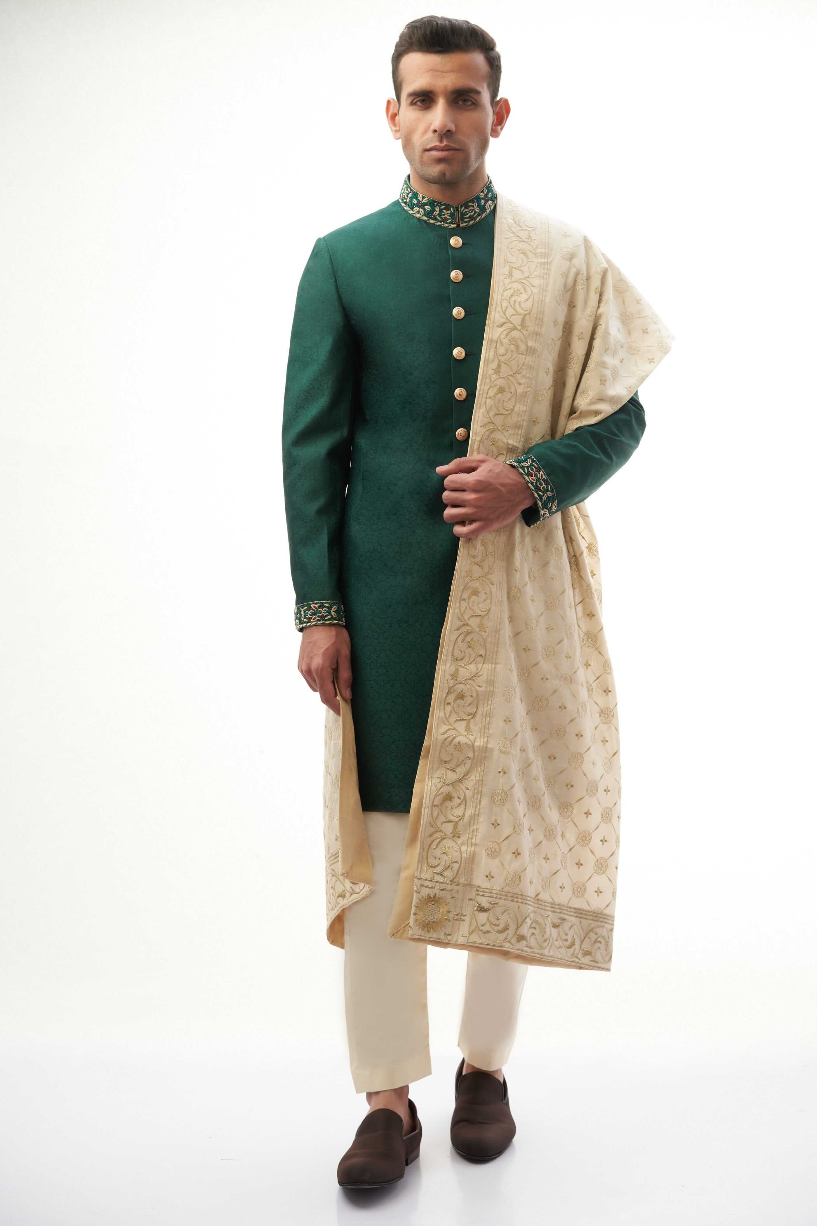 Handmade Emerald Green Brocade Silk Sherwani with Zardozi Embroidery | Indian Wedding Attire for Groom & Groomsmen | Perfect for Festivals & Special Occasions