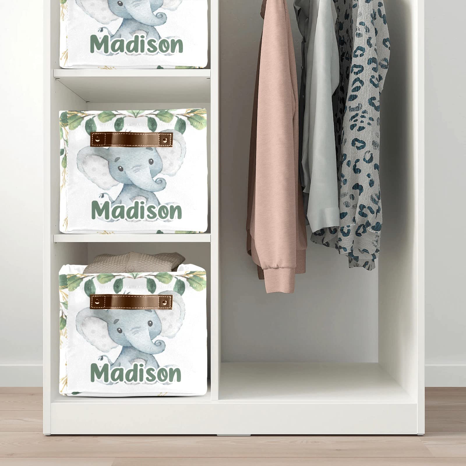 Deven Elegant Greenery Elephant Personalized Storage Basket - Large Woven Organizer Bin with Handle for Shelves, Closet, Bathroom, Nursery & Home Decor (1 Pack) - Perfect for Toys, Blankets & Home Organization