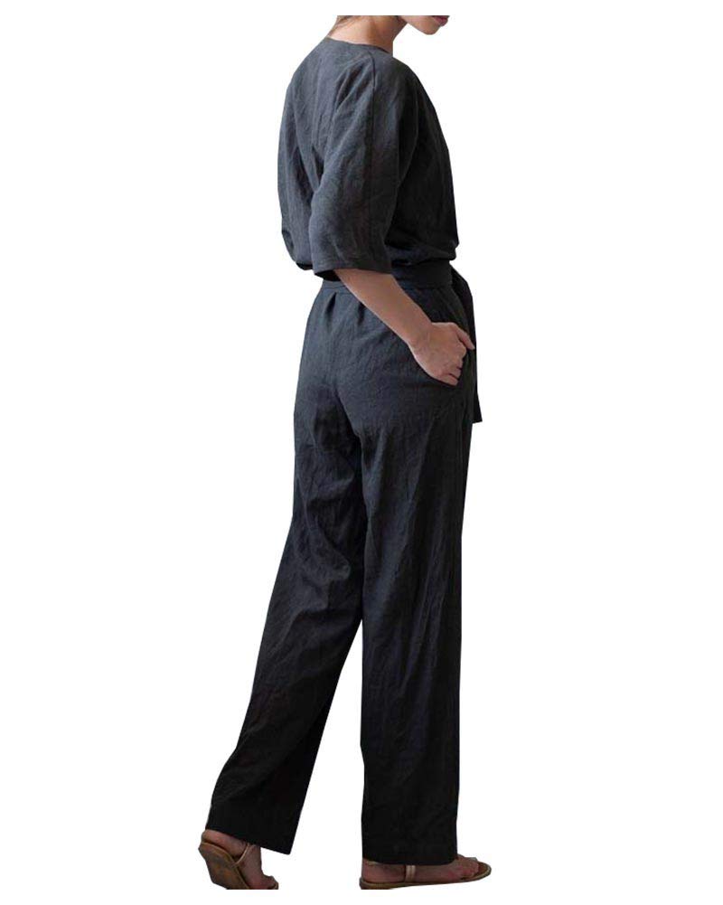 LifeShe Women's V-Neck Cotton Linen Jumpsuit Romper - Wide Leg Overalls with Adjustable Belt for Casual Outings, Summer Travel & Boho Style Fashion