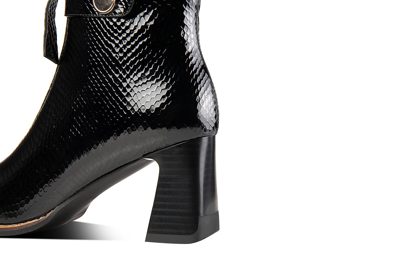 Patent Leather Women's Chunky Heel Ankle Boots with Side & Front Zippers - Square Toe Handmade Booties for Casual Outfits & Night Out