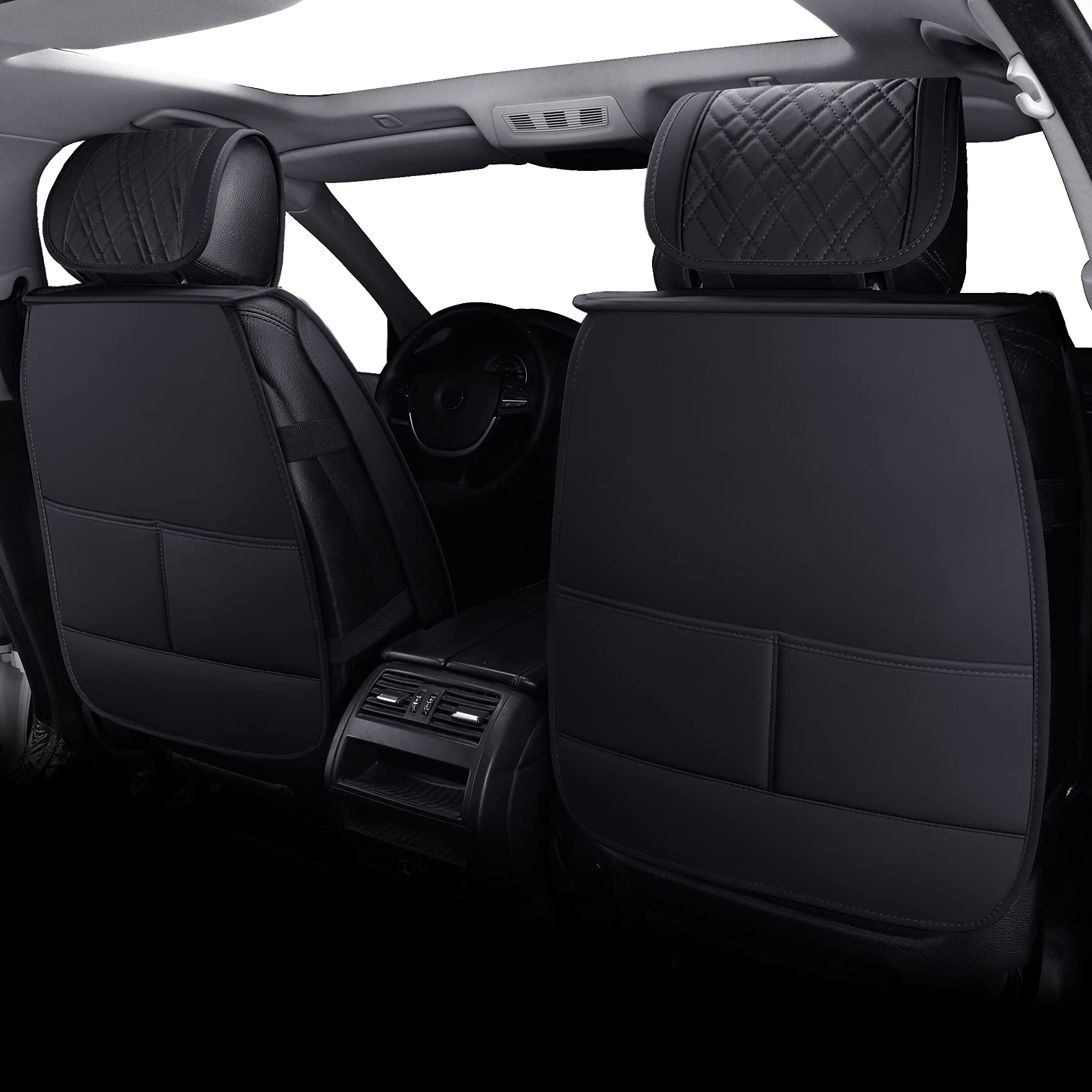 Universal Car Seat Covers Full Set - Waterproof Leather Black - Compatible with Honda Civic/HRV/Accord, Toyota Rav4/Camry/Corolla, Nissan Pathfinder/Murano/Frontier, Ford Explorer, Mazda CX5 - Perfect for Road Trips, Daily Commute & Car Protection