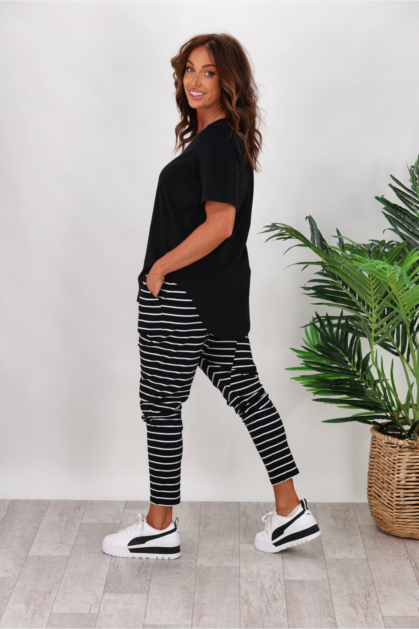 Betty Basics Women's Jade Pants - Black & White Striped High Waist Yoga Pants for Workout, Lounge & Everyday Wear