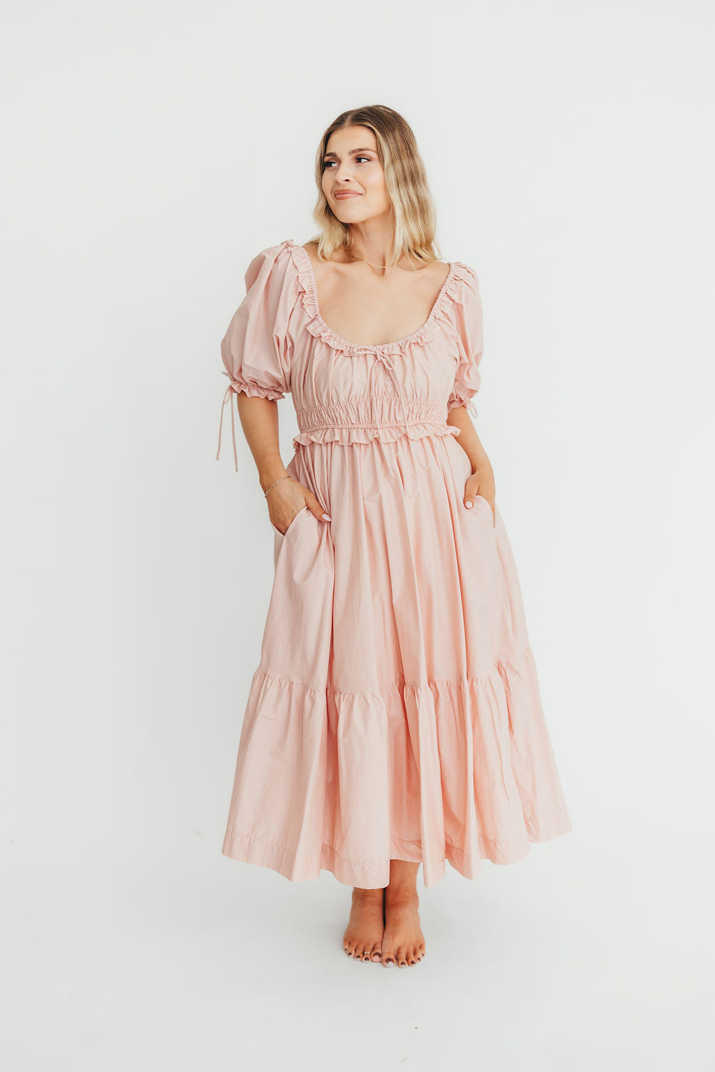 Crissy Ruched Midi Dress - 100% Cotton Bump Friendly Maternity Dress in Dusty Pink | Perfect for Baby Showers, Maternity Photos & Everyday Comfort