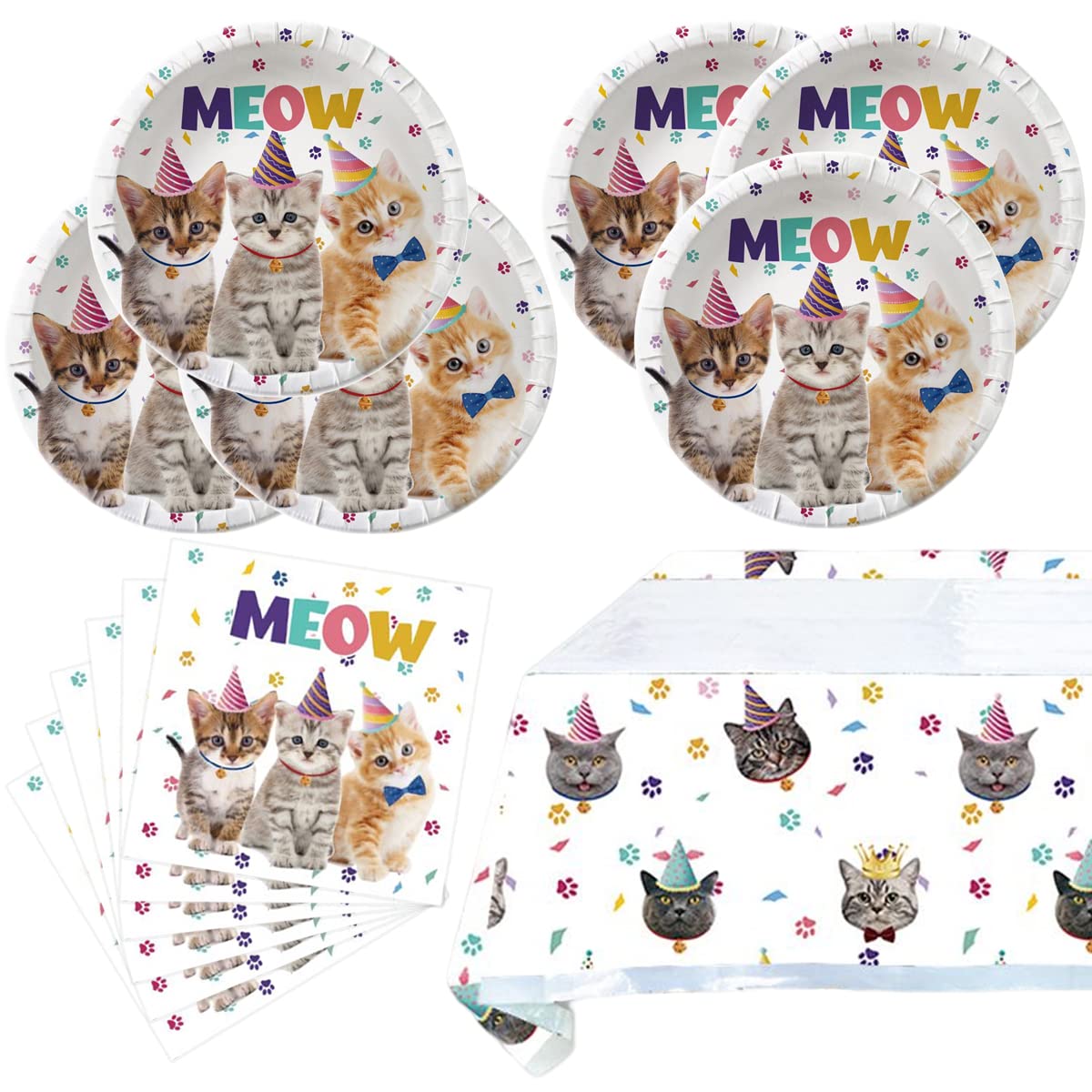 Cat Themed Party Supplies - 20 Plates, 20 Napkins & 71