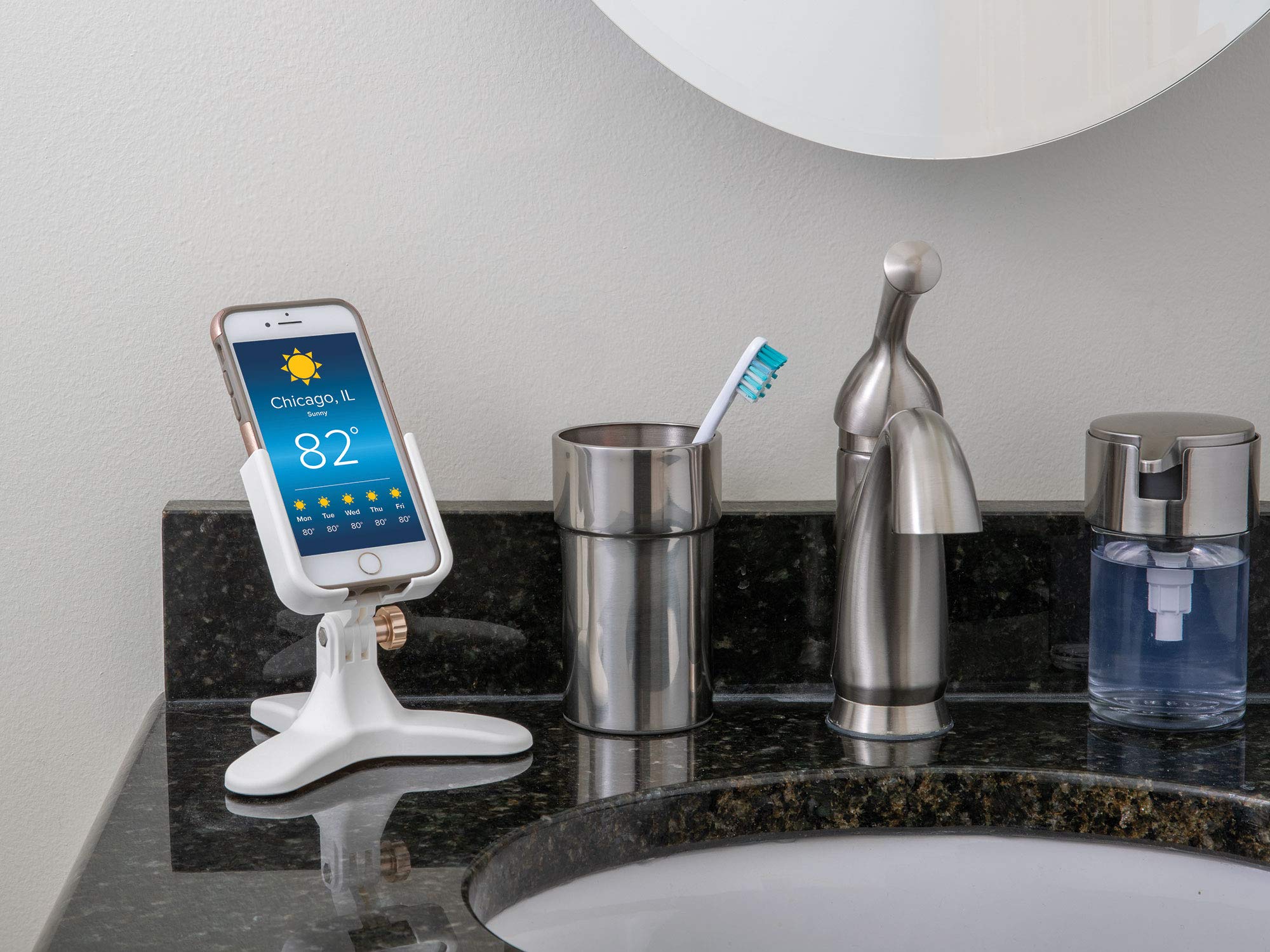 **WeatherTech White Adjustable Universal Cell Phone Holder Stand - Tripod Design for iPhone & Smartphone Charging - Royal Blue Metal Knobs - Perfect for Desk, Office, Home & Travel Use**