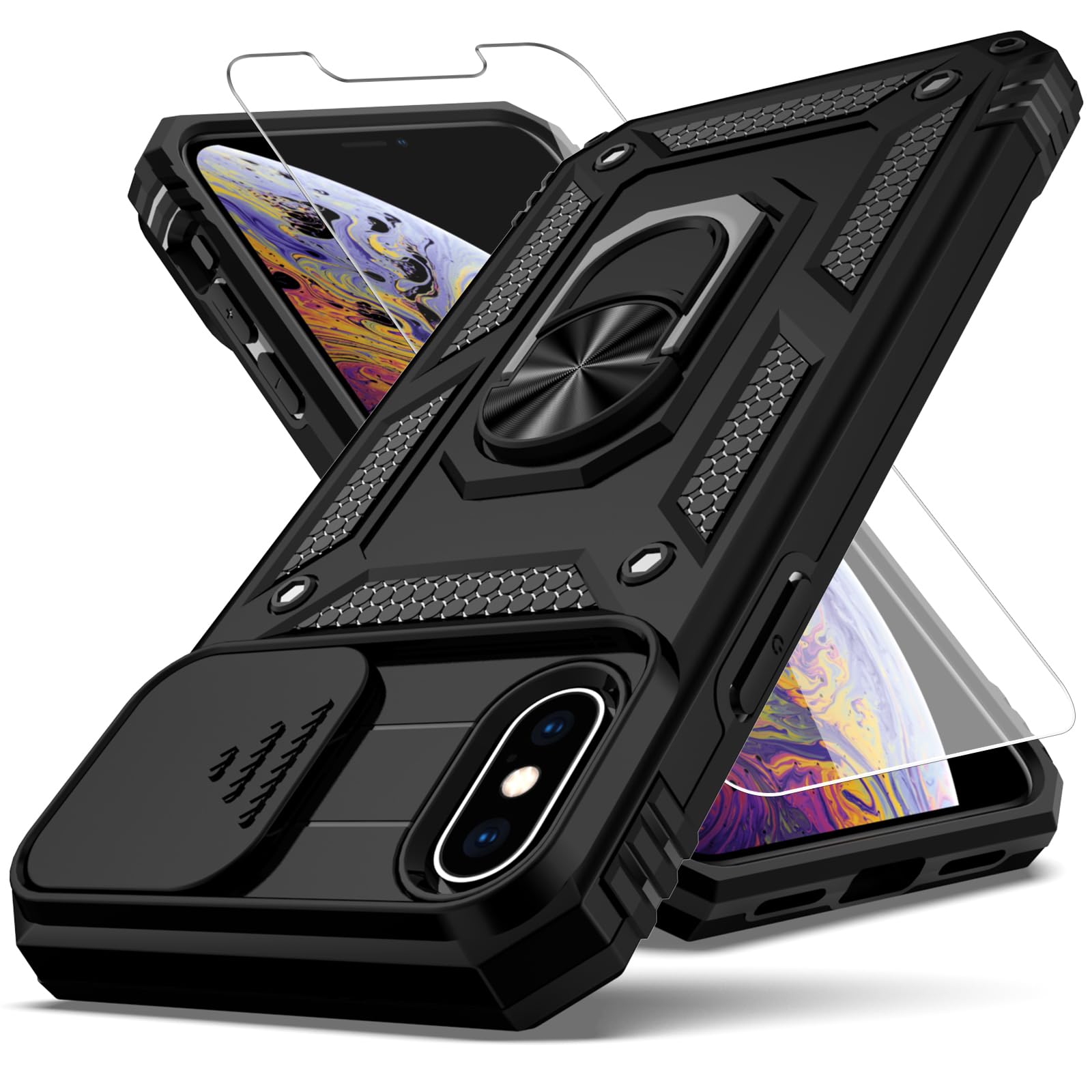 Premium Shockproof iPhone X/Xs Case with Slide Camera Cover, HD Screen Protector & Magnetic Rotating Kickstand - Military Grade Protection (Black) | Perfect for Outdoor Activities, Travel & Daily Use