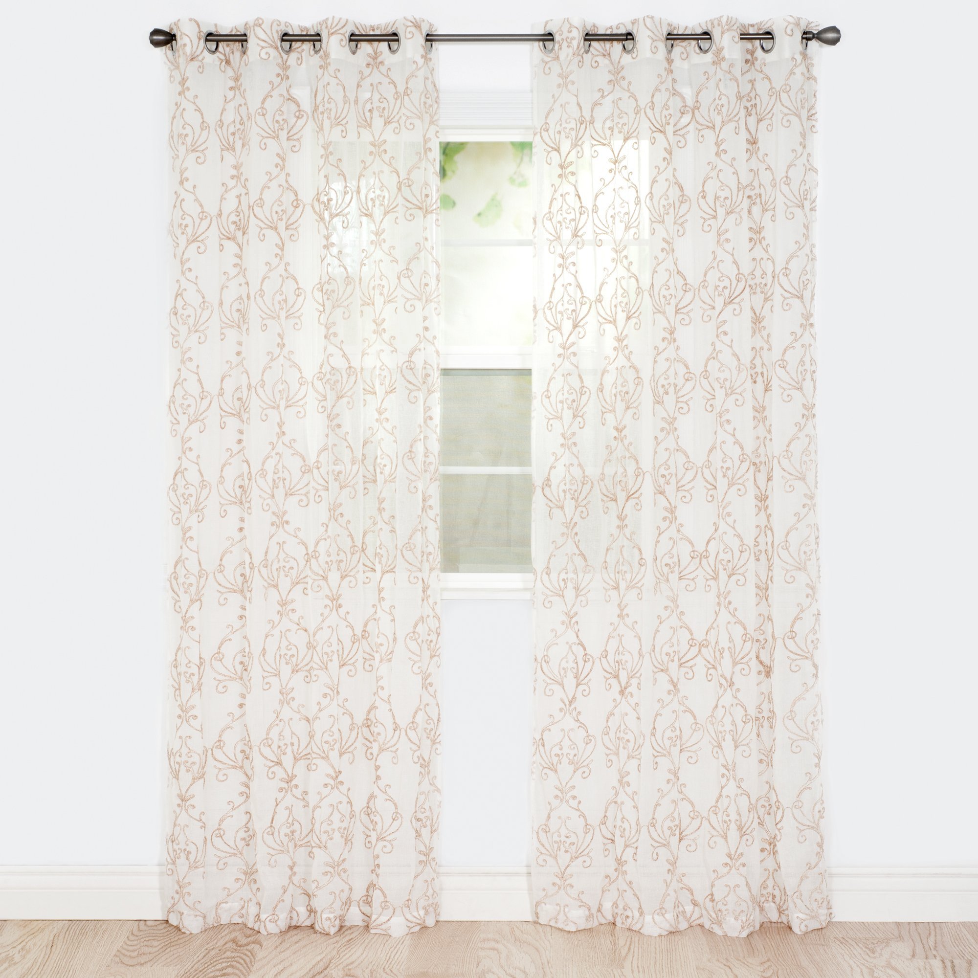 Bedford Home Valencia Embroidered Taupe Curtains 108 Inch - Elegant Window Treatments for Living Room & Bedroom