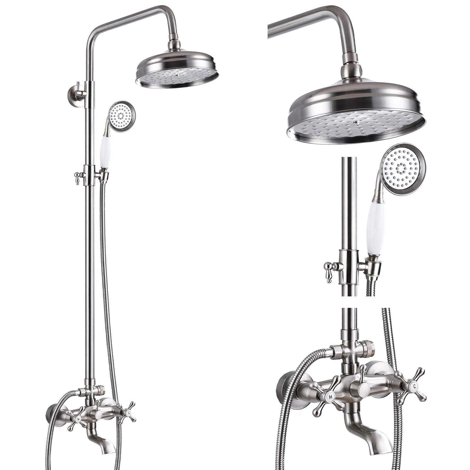 Gotonovo 8 Inch Round Rain Shower Head with Handheld Sprayer - 3 Function Brushed Nickel Wall Mount Bathroom Faucet Mixer for Tub & Shower - Perfect for Modern Bathrooms, Spa-Like Experience, and Water-Saving Showers