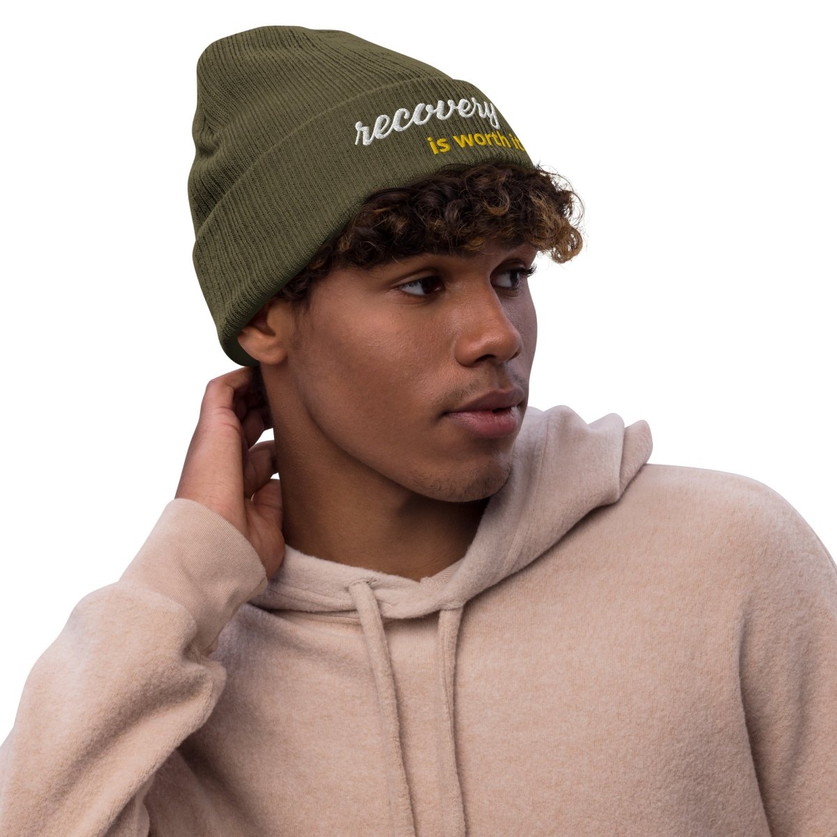 Sustainable 'Recovery Is Worth It' Ribbed Knit Beanie - Eco-Friendly Winter Hat for Men & Women - Perfect for Cold Weather, Outdoor Activities & Casual Style