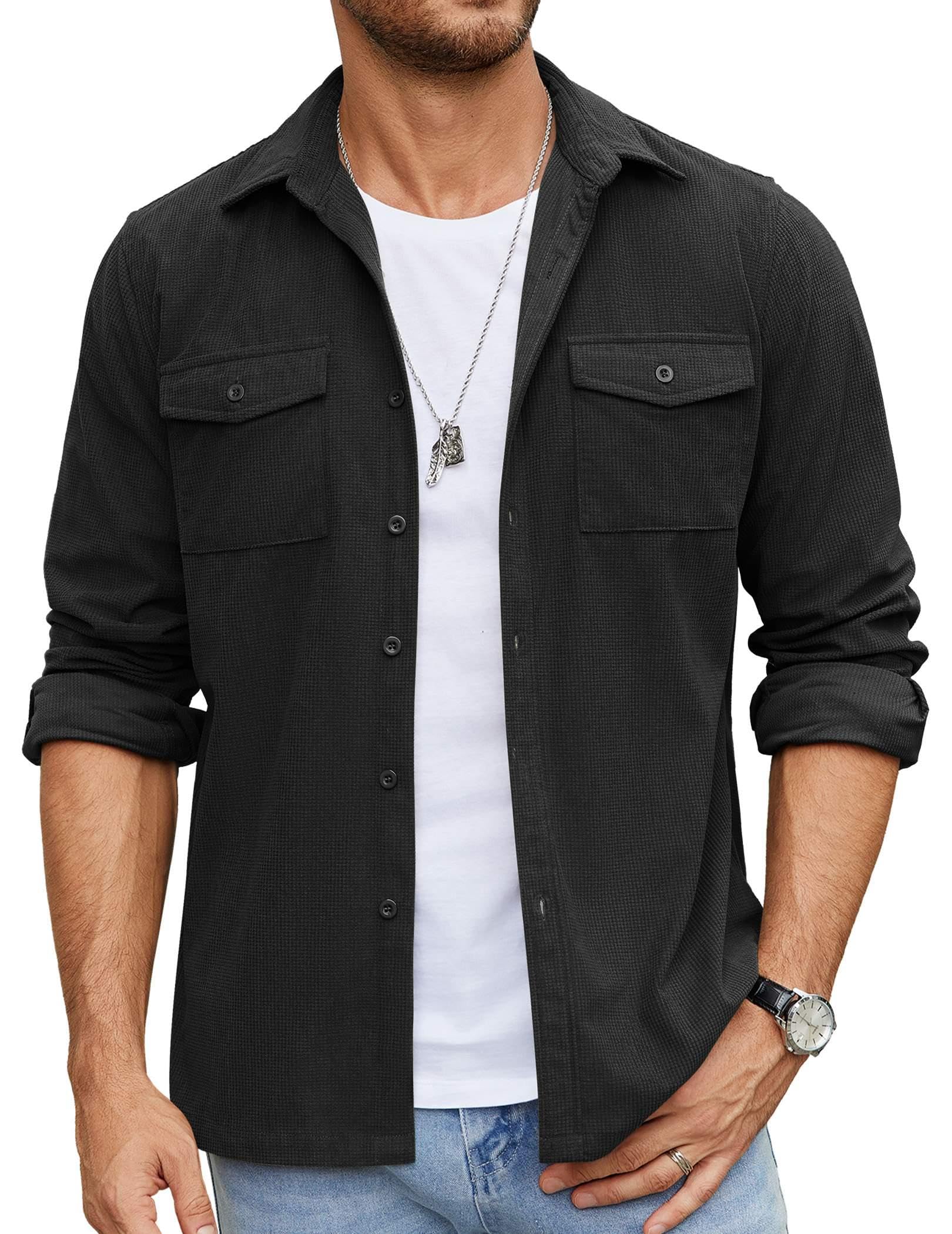 COOFANDY Men's Lightweight Waffle Shirt Jacket - Long Sleeve Button Down Shacket with Flap Pockets | Casual Overshirt for Work, Date Night & Outdoor Activities