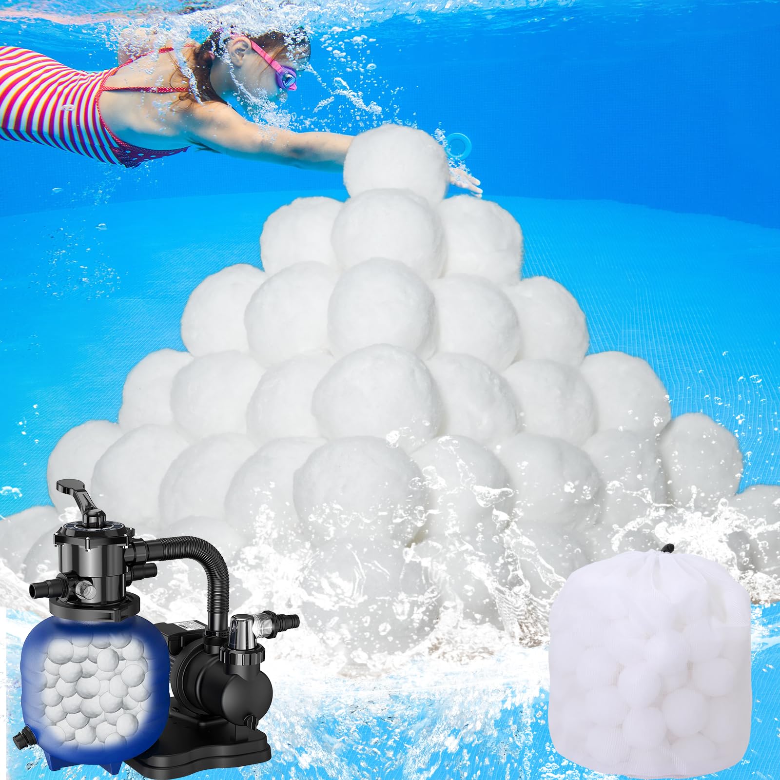 1.5lbs Pool Filter Balls for Sand Filters - Reusable Swimming Pool Filter Media Replacement for Sand - White Filter Balls for Cleaner Water | Perfect for Inground & Above Ground Pools, Spas, and Hot Tubs