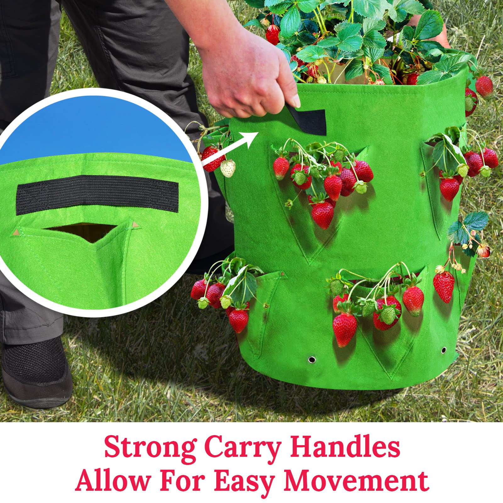 YardGrow 10 Gallon Strawberry Planter Bags - Large Breathable Non-Woven Fabric Grow Bags with Handles for Fruits, Vegetables, Flowers (5 Pack) - Perfect for Patio, Balcony & Home Gardening