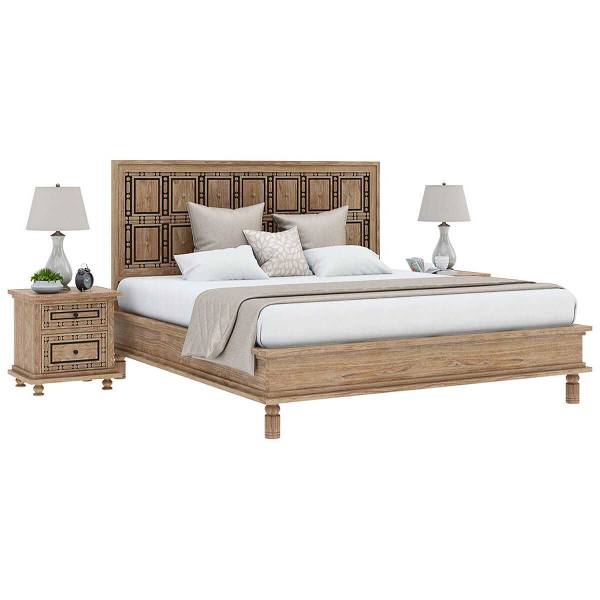 Hand Carved Solid Wood Traditional Platform Bed with Headboard - Queen Size Wooden Bed Frame for Master Bedroom, Guest Room & Modern Home Decor