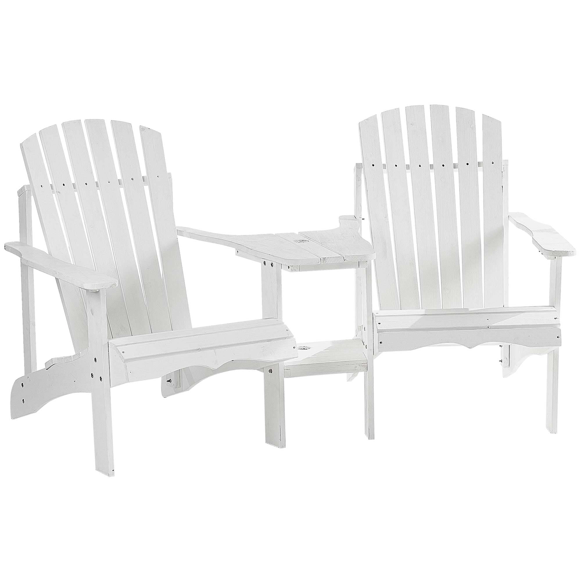 Outsunny White Wooden Adirondack Fire Pit Set - 2-Person Bench with Side Table & Umbrella Hole - Weather-Resistant Outdoor Patio Furniture for Garden, Backyard & Camping