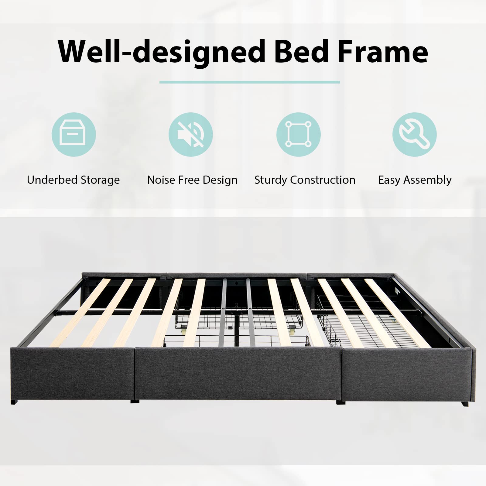 GOFLAME Full Size Platform Bed Frame with 3 Storage Drawers - Upholstered Wooden Slatted Bed, Modern Mattress Foundation with Faux Linen Fabric - No Box Spring Needed, Noise Free, Headboard-Free Design - Perfect for Small Bedrooms, Guest Rooms & Modern Apartments