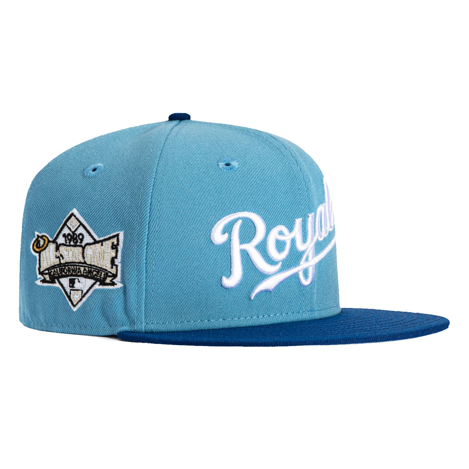 New Era 59Fifty Kansas City Royals 1989 All Star Game Patch Script Hat - Light Blue & Royal Blue Baseball Cap for Men - Perfect for MLB Games, Sports Events & Casual Streetwear