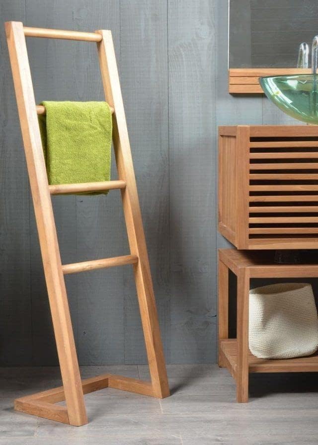 Wooden Freestanding Multi-Tier Towel Rack Stand with Shelf - Bathroom, Bedroom, Kitchen & Gym Towel Holder - Space Saving Ladder Style Organizer for Hand Towels, Bath Towels & Home Decor