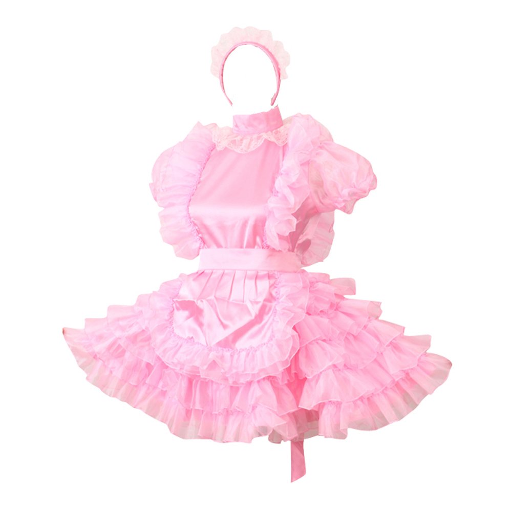 Sexy Pink Satin French Maid Costume with Lockable Design - Women's Crossdress Lingerie Dress for Cosplay, Role Play & Halloween Parties