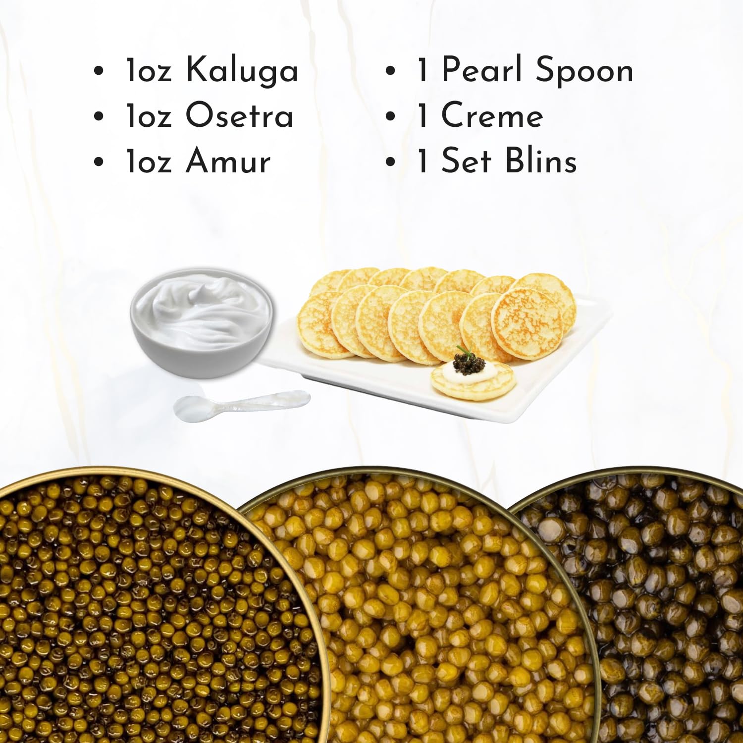 Premium Kaluga, Osetra & Amur Sturgeon Caviar Gift Set (1oz Each) with Pearl Spoon, Blini & Crème – Gourmet Food Gift for Special Occasions – Perfect for Weddings, Anniversaries & Luxury Gifting – Free Overnight Shipping