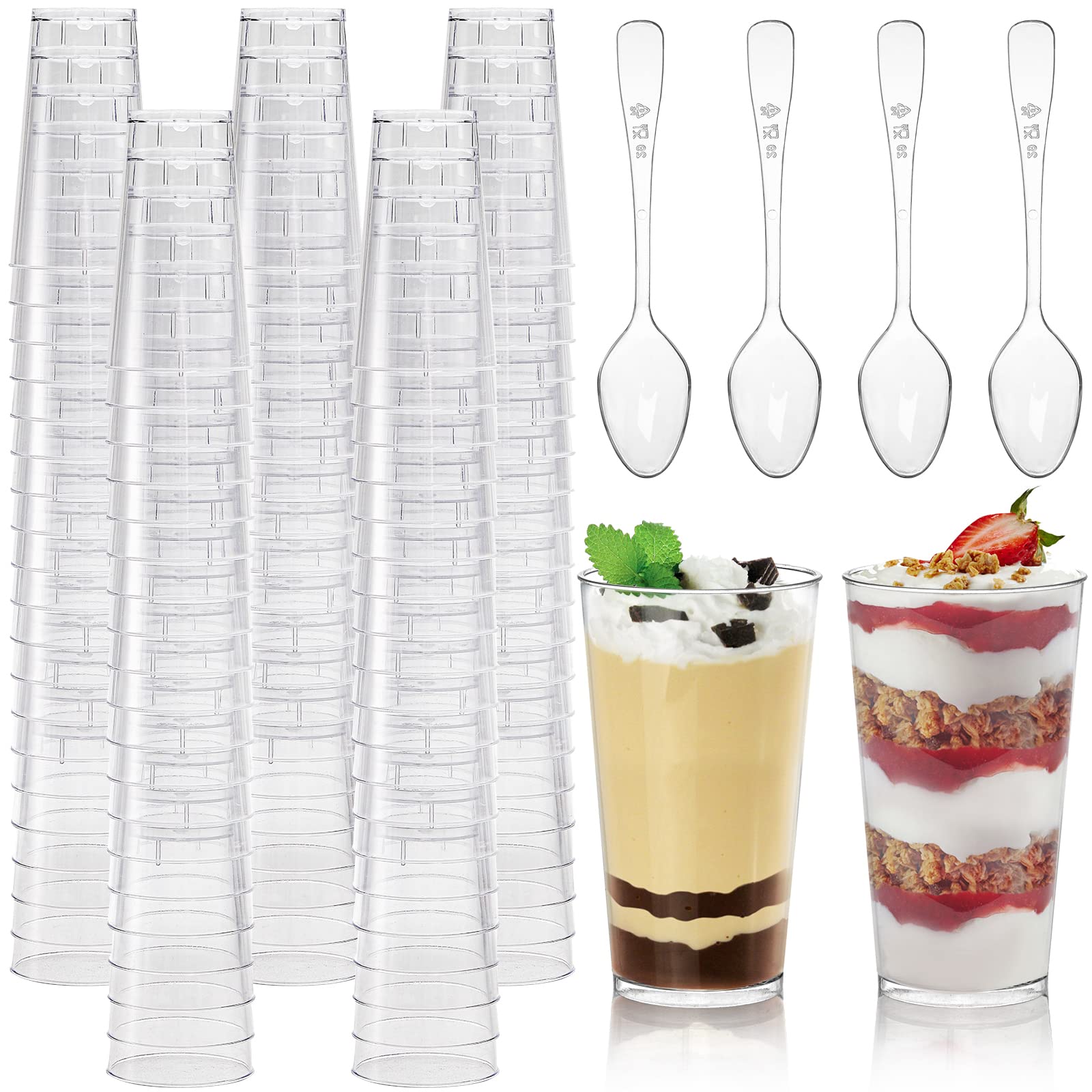 Peohud 100 Pack 3oz Plastic Dessert Cups with Spoons - Mini Disposable Parfait, Pudding & Appetizer Shot Glasses for Parties, Events, Catering & Home Dessert Serving