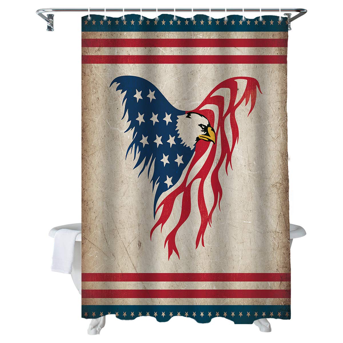 Flying Eagle USA Flag Bath Shower Curtain - Waterproof Polyester Fabric Bathroom Decor with Rustic Red Stripes & Stars (72x72 inches) - Perfect for American-Themed Bathrooms, Patriotic Home Decor & 4th of July Celebrations