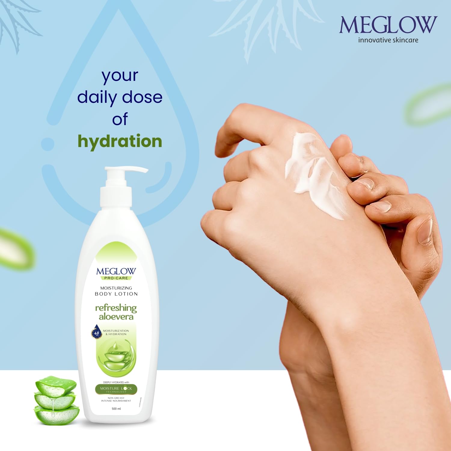 Meglow Pro-Care Moisturizing Body Lotion for Women & Men - 500ml Aloe Vera Enriched Hydrating Lotion for Dry Skin with 48-Hour Moisture Lock Technology | Perfect for Daily Use, After Shower & Winter Skin Care