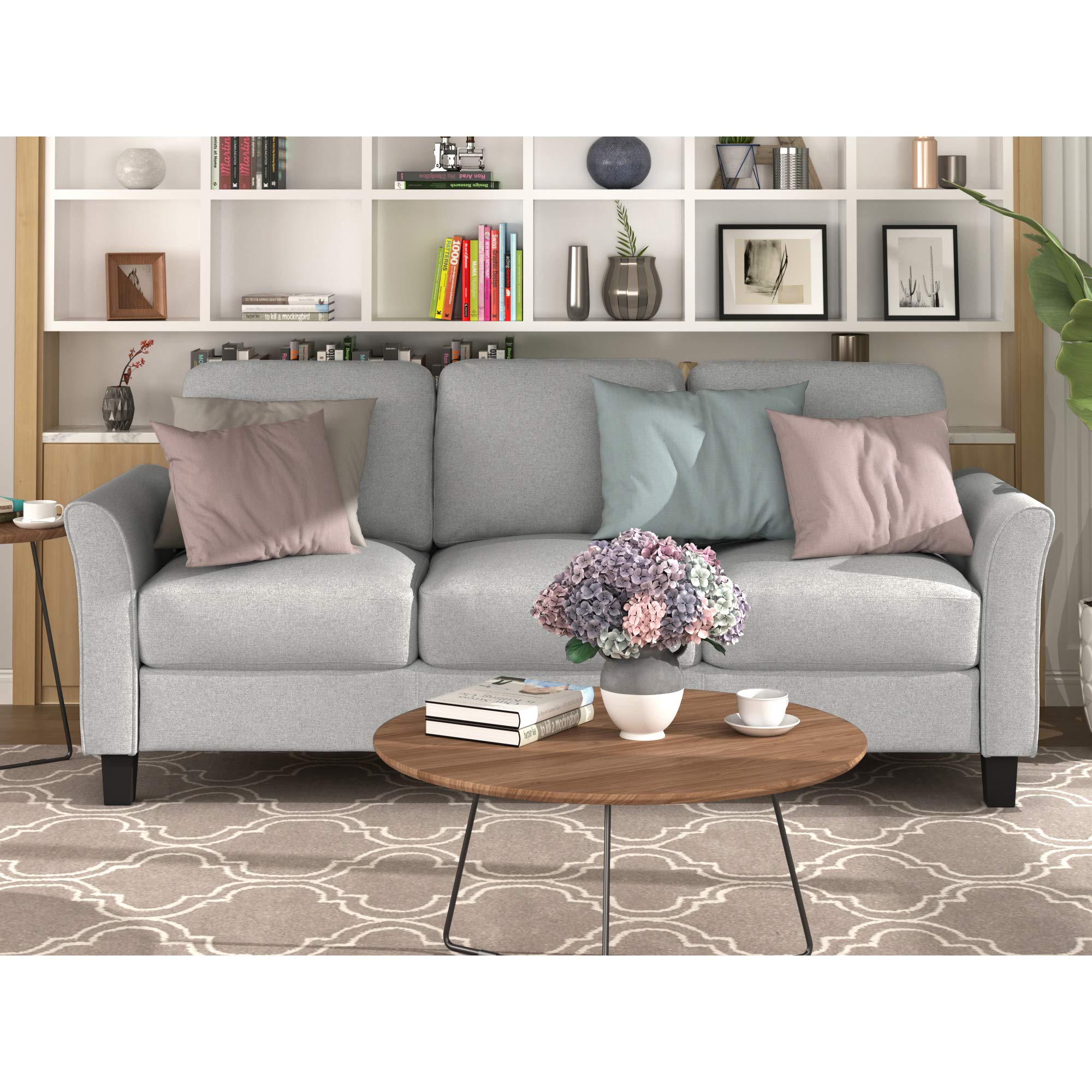 Modern 3-Seater Linen Fabric Sofa Couch - Light Gray Upholstered Living Room Furniture for Small Spaces & Studio Apartments | Perfect for Lounge, TV Watching & Guest Seating
