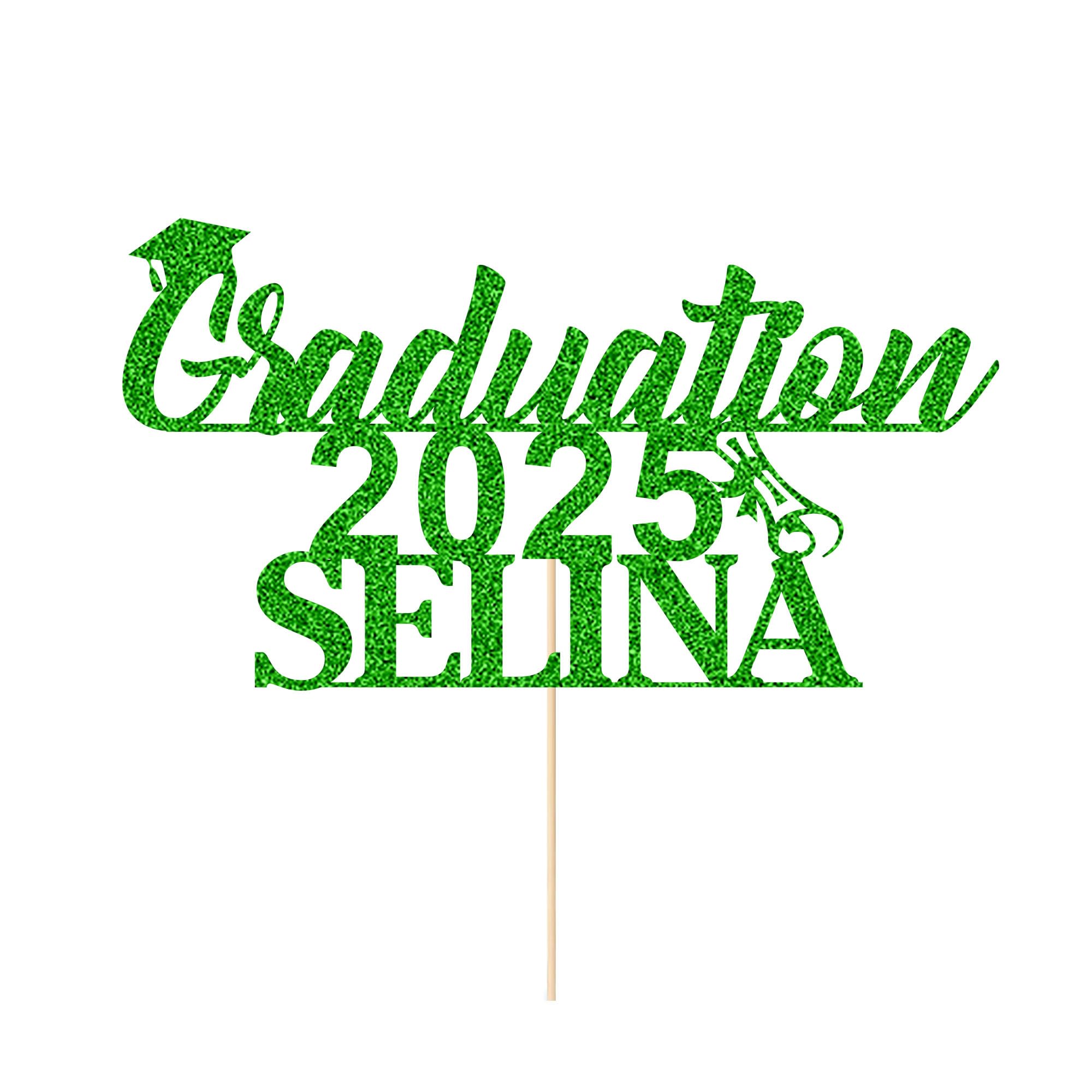 Custom Graduation Cake Topper - Personalized Class of 2025 Congrats Hat for Students - Double Sided Glitter Card with Any Name (Green) - Perfect for Graduation Parties, School Celebrations & Gift Giving