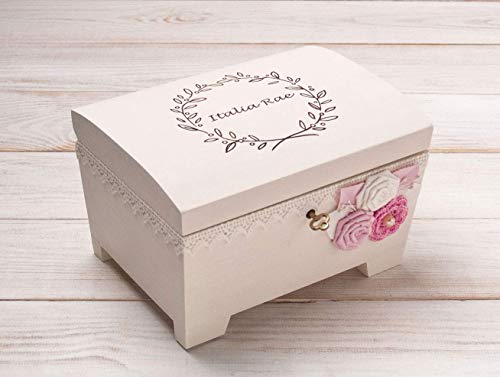 Personalized Baby Girl Jewelry Box with Key - Custom Monogrammed Keepsake Memory Chest for Baptism Gifts & First Birthday Presents | Perfect for Storing Baby Bracelets, Christening Gifts & Childhood Treasures