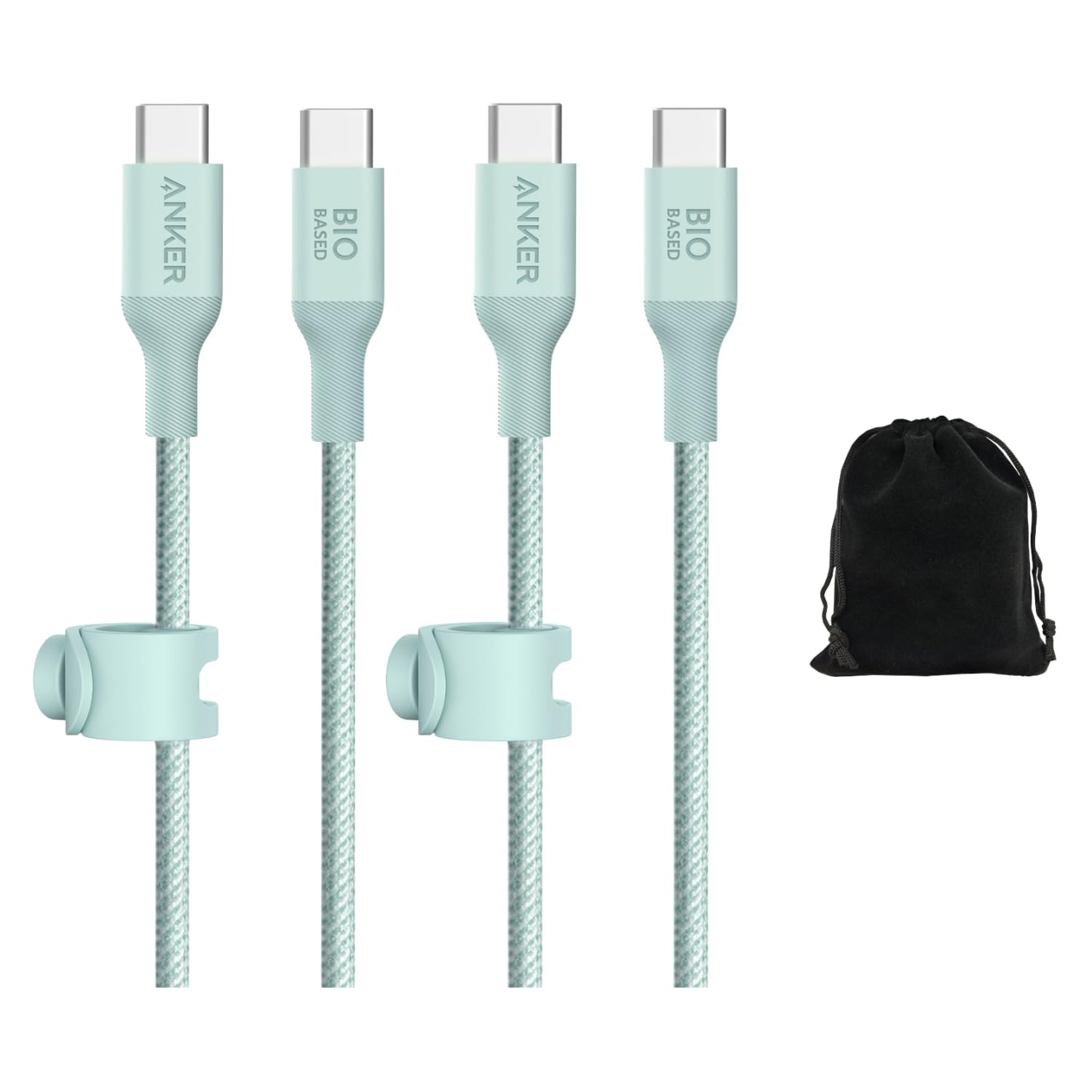 Anker 544 Bio-Nylon USB-C to USB-C Cable 10FT | 140W PD Fast Charging Cable for MacBook, iPad, iPhone 15 | Eco-Friendly & Durable 30,000 Bend Lifespan | Includes Travel Pouch (2 Pack, Green) - Perfect for Home, Office & Travel Charging