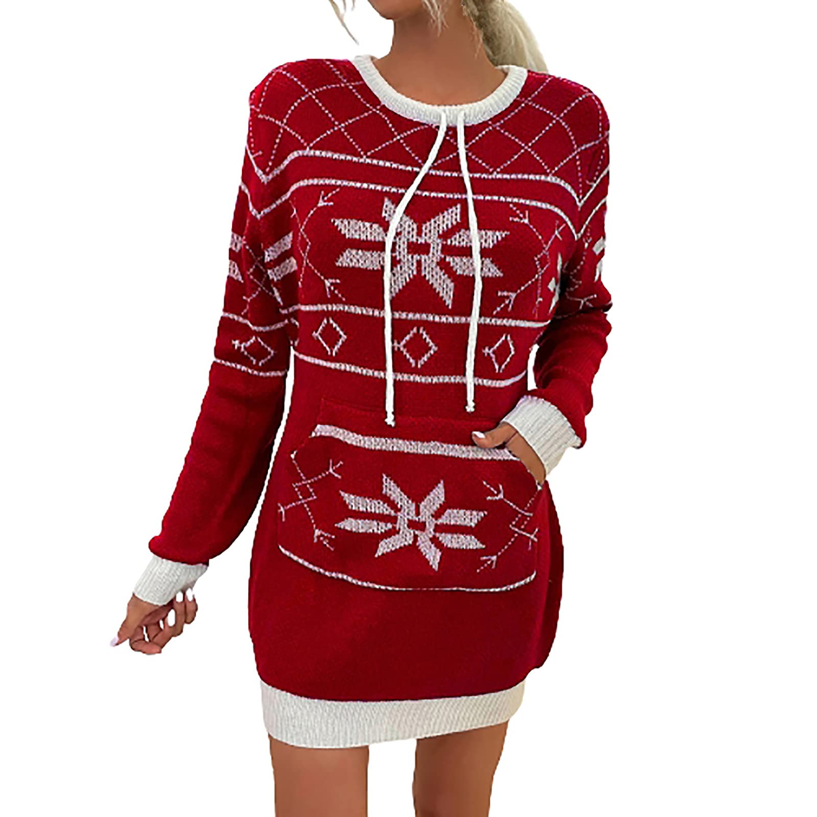 Women's Christmas Sweater Dress with Drawstring Crewneck, Pockets & Snowflake Print - Cozy Long Sleeve Midi Dress for Holiday Parties, Winter Gatherings & Festive Outfits