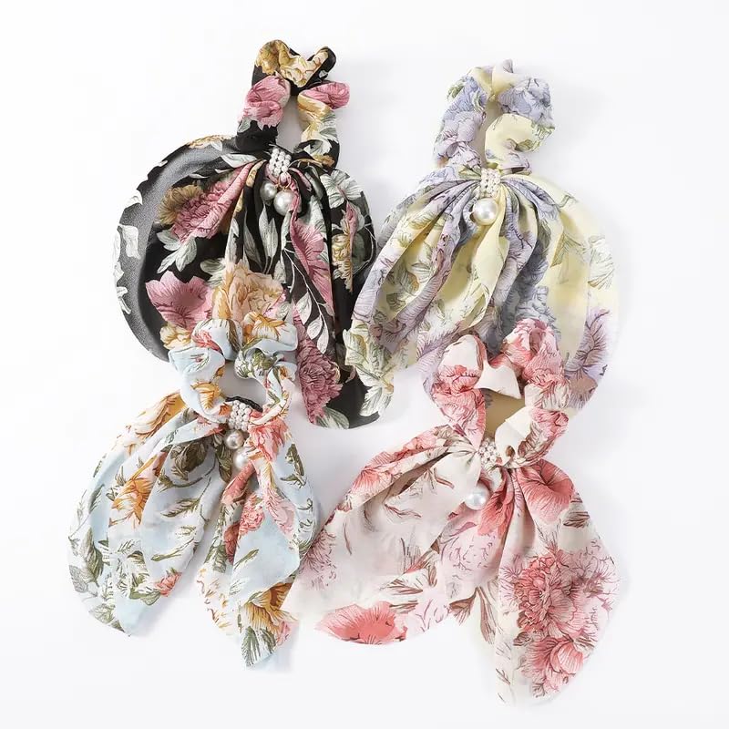 VSAKSH 2-Pack Printed Faux Pearl Bow Hair Scrunchies - Soft Fabric Elastic Hair Ties for Women & Girls - Perfect for School, Work, and Special Occasions