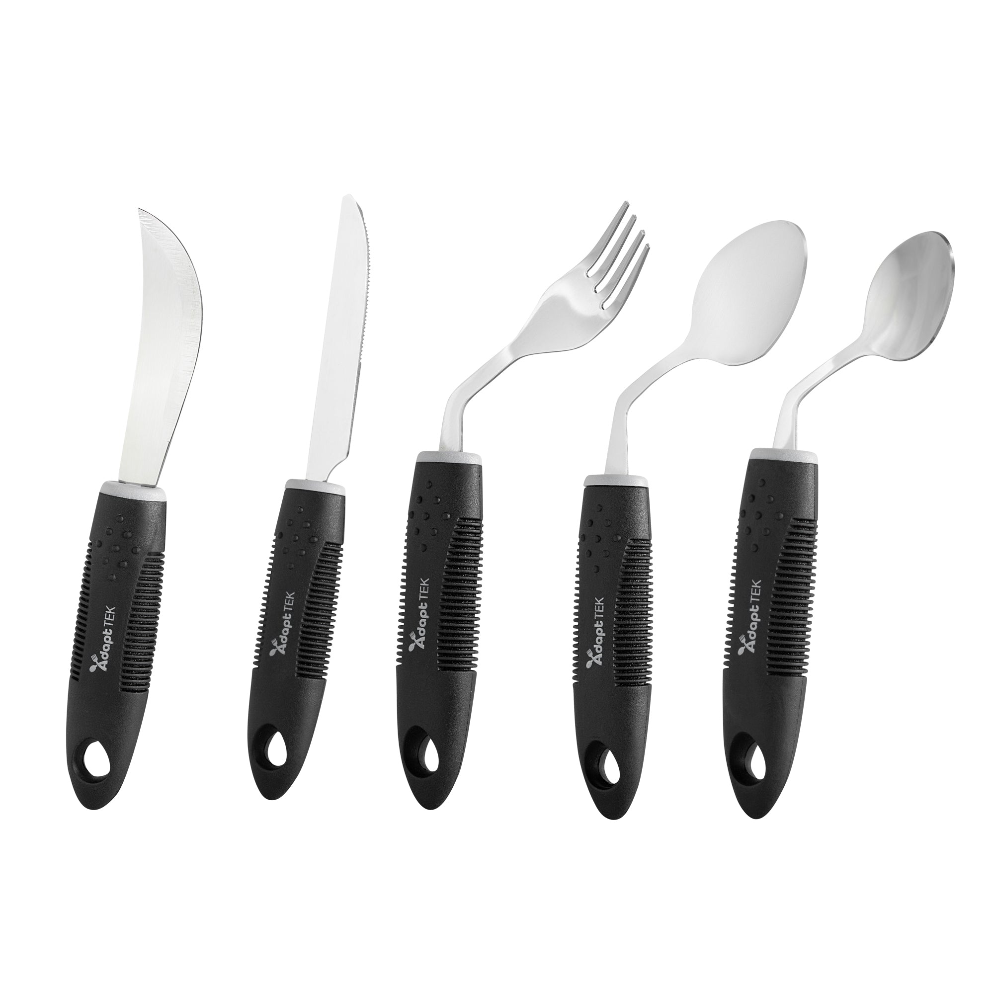 Adapt Tek Black Stainless Steel 5-Piece Adaptive Offset Utensil Set for Left-Handed Users - Lightweight, Non-Slip Grip, Ergonomic Design - Ideal for Arthritis, Limited Mobility & Elderly Care (1 Count) - Perfect for Cooking, Dining & Assisted Living