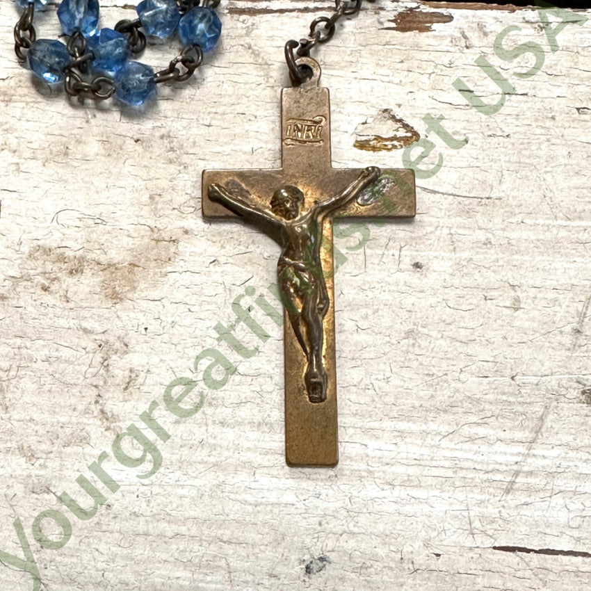 Vintage Brass Blue Glass Beaded Rosary - Smooth Wear Religious Jewelry for Prayer, Meditation & Catholic Devotion | Perfect Gift for Baptism, First Communion & Spiritual Protection