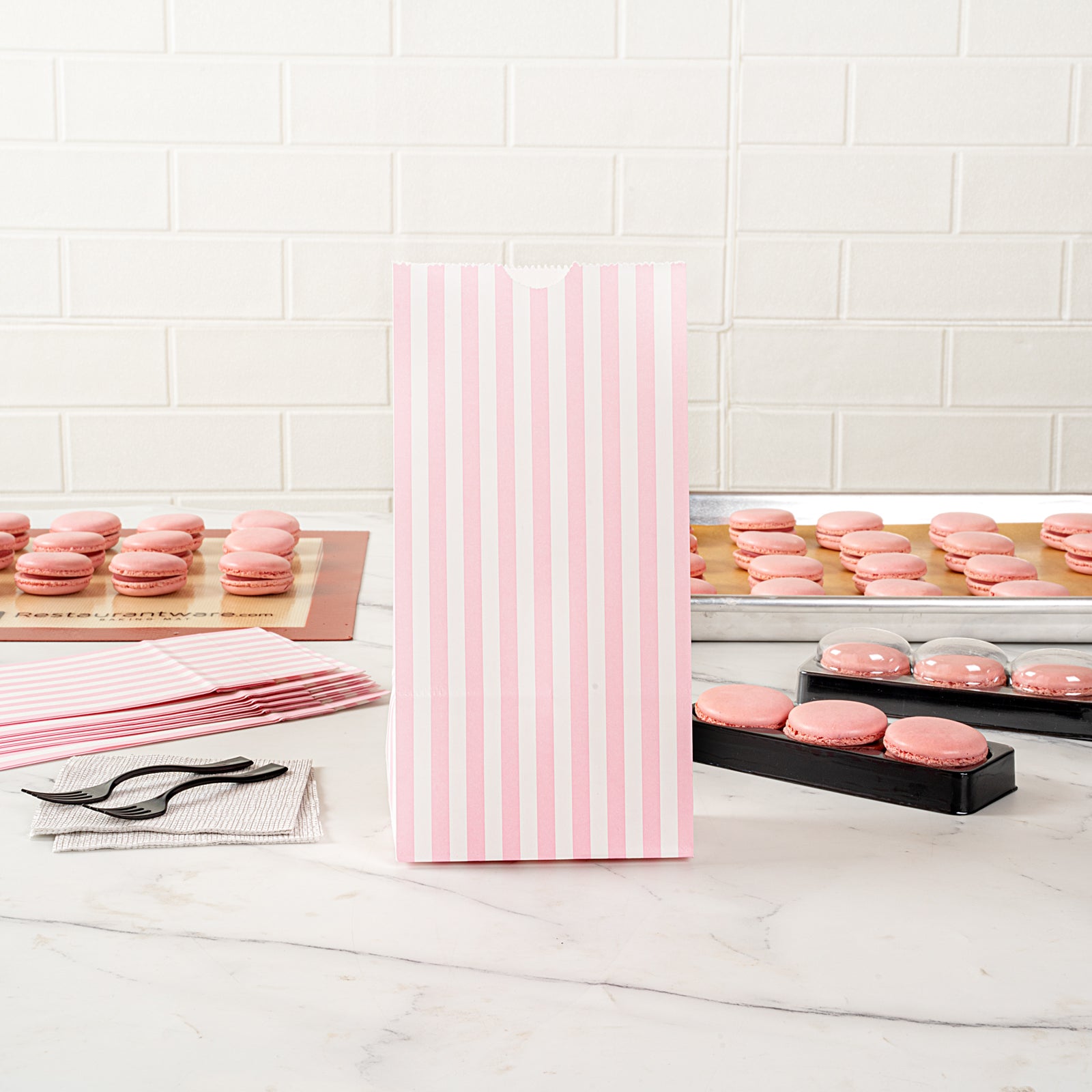 Premium Pink and White Striped Paper Bags - 2 lb Capacity, 4.25