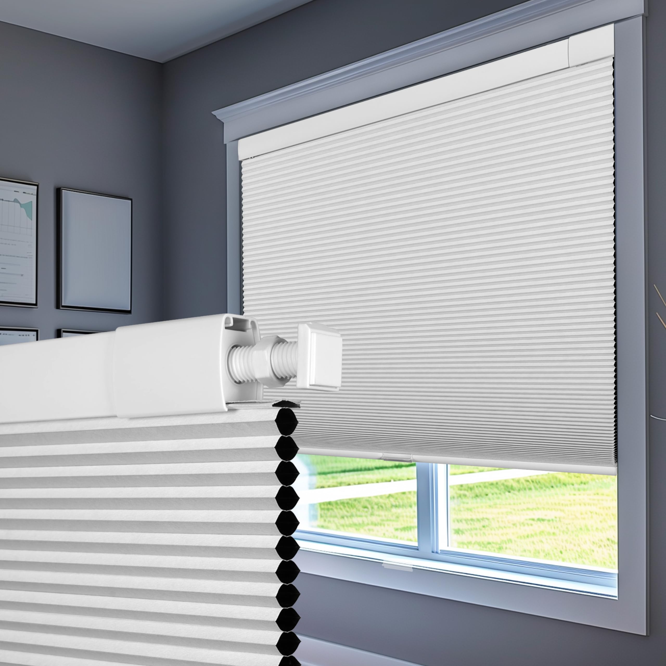 Boolegon No Drill Blackout Cellular Shades - Cordless Honeycomb Blinds for Windows & Doors, Easy Install No Tools or Screws, White, 46.5