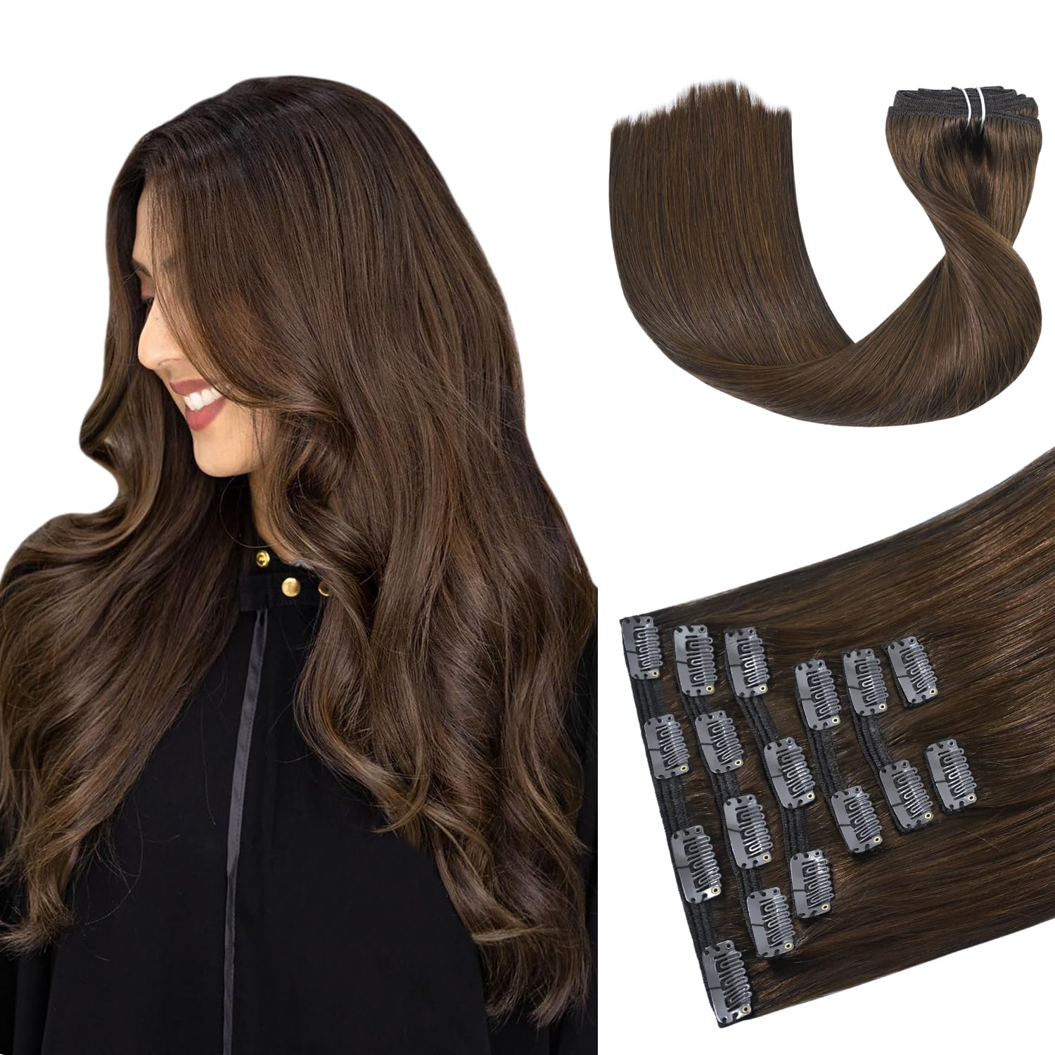 HUAYI 20 Inch Medium Brown Clip-In Hair Extensions - 7pcs 70g Real Human Remy Hair, Soft & Natural Straight Double Weft for Women | #4 Chocolate Brown | Perfect for Daily Wear, Parties & Special Occasions
