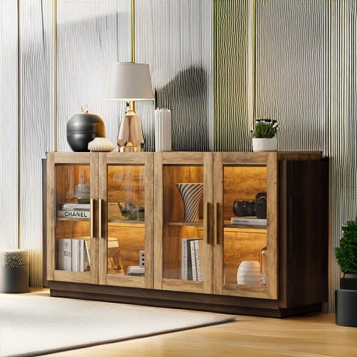 AMERLIFE Modern Sideboard Buffet Cabinet with LED Lights & Glass Doors - Adjustable Shelf Storage Console Table for Dining & Living Room - Barnwood & Brown Accent Furniture (Perfect for Home Decor, Entertaining & Displaying Collectibles)