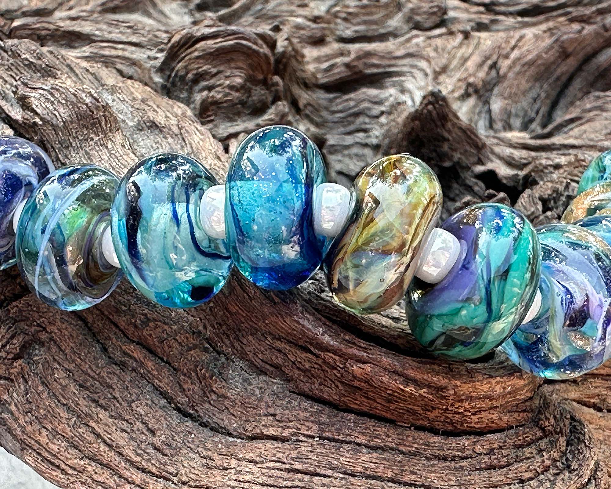16 Ocean Blue Swirls Lampwork Glass Beads Set for Jewelry Making - DIY Bracelet, Necklace & Craft Projects - SRA Certified Artisan Beads