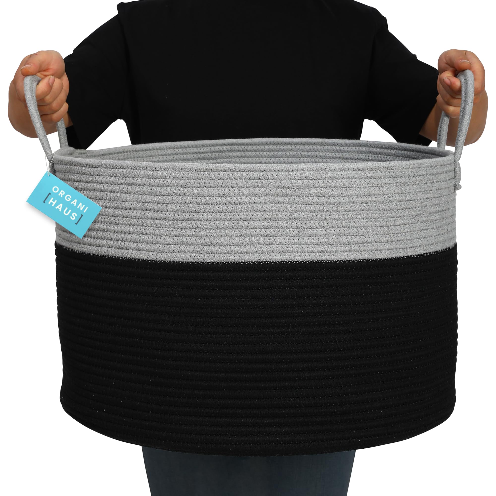 OrganiHaus Gray & Black Woven Storage Basket 20x13 - Large Cotton Rope Basket with Handles for Blankets, Pillows & Laundry | Perfect for Living Room, Nursery & Home Organization