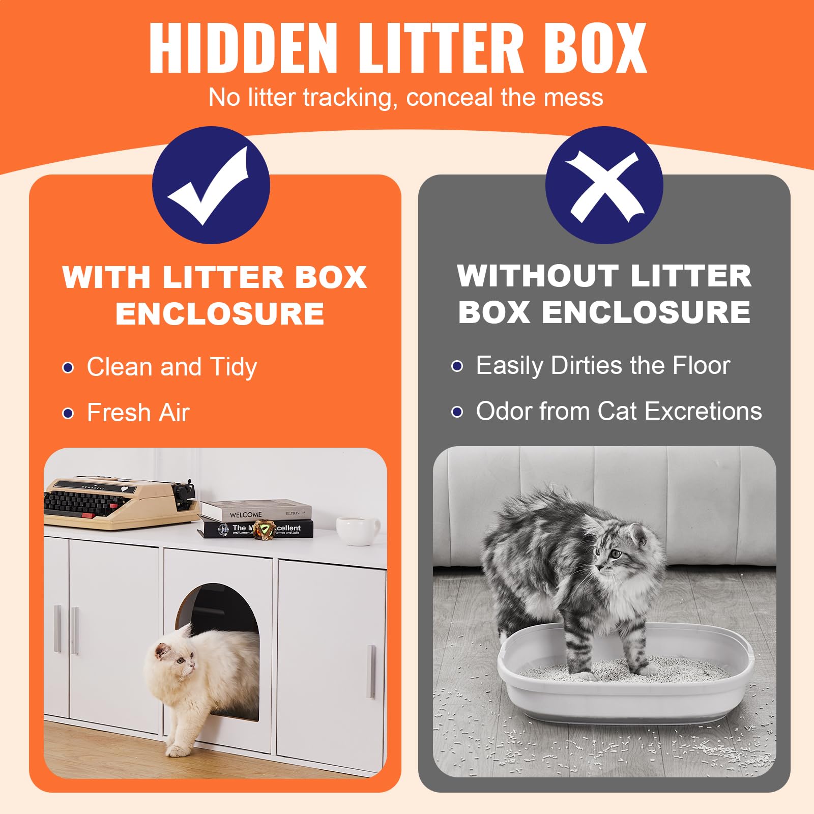 VEVOR Double Cat Litter Box Enclosure Furniture - Hidden Wooden Cabinet for 2 Cats with 2 Rooms, Fits Most Litter Boxes (57.9