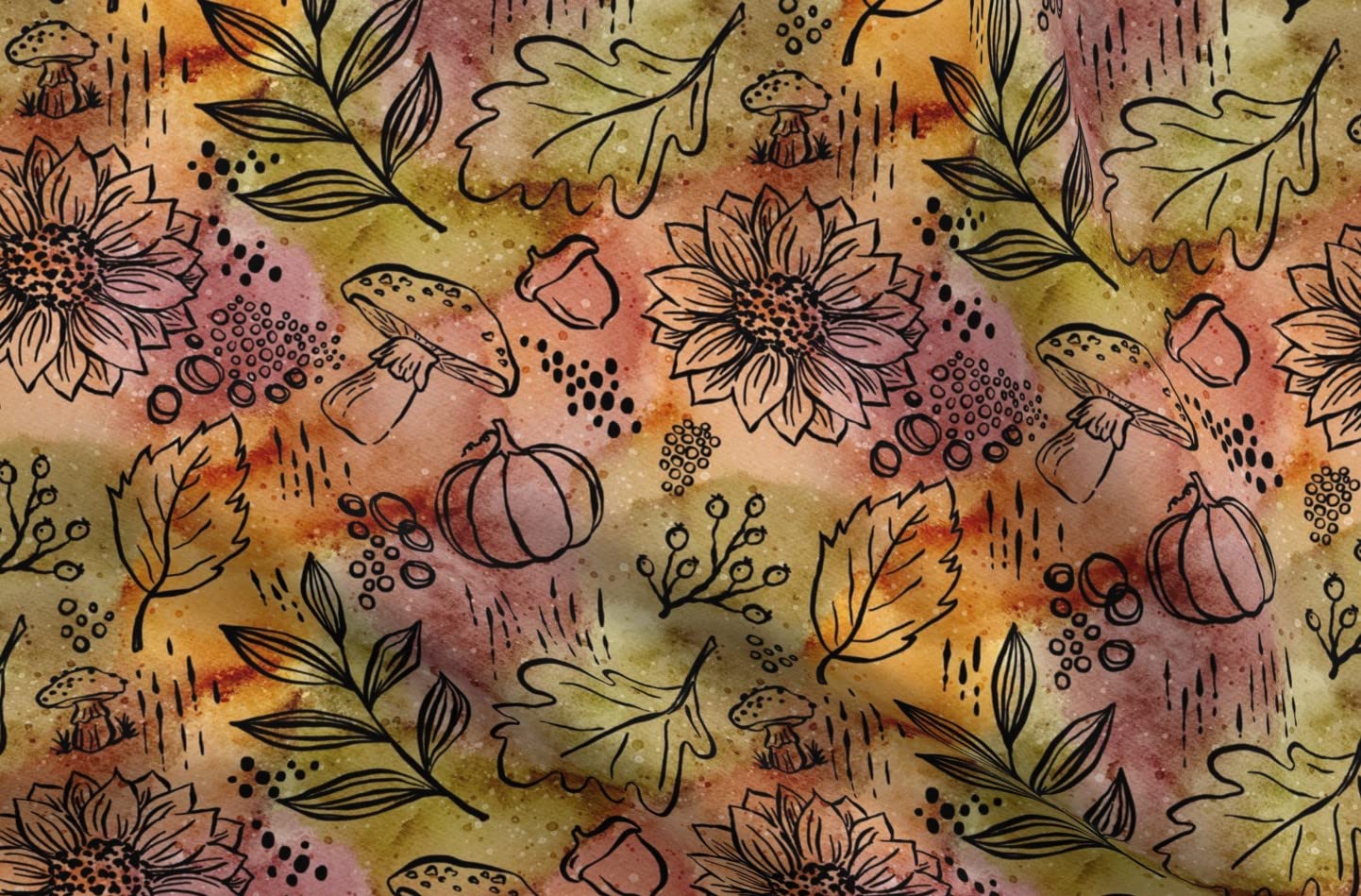 Autumn Botanical Fall Line Art Pumpkin Mushroom Rustic Printed Minky Fabric Fat Quarter - Soft Sewing Material for Baby Blankets, Quilt Backing & Plush Toys - Perfect for DIY Crafts, Home Decor and Seasonal Projects
