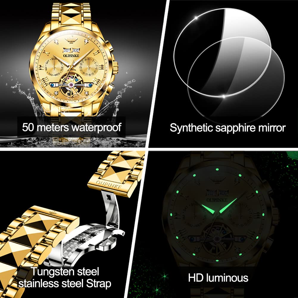 OUPINKE Automatic Skeleton Self-Winding Dress Watch for Men - Waterproof Business Wristwatch with Luminous Tungsten Steel Case - Perfect for Formal Events, Office Wear & Special Occasions